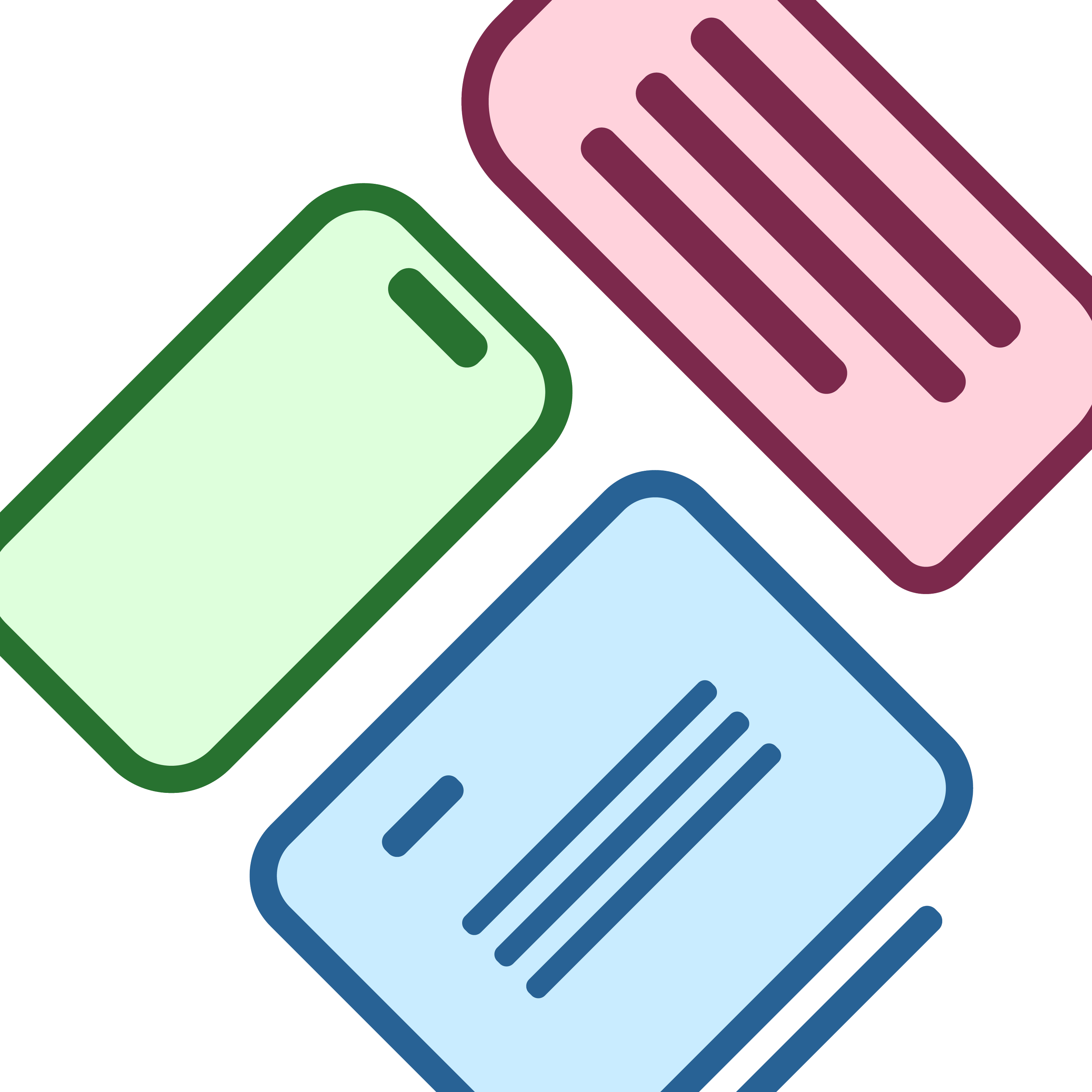 Illustration of three colorful wallets in pink, green, and blue, overlapping each other.
