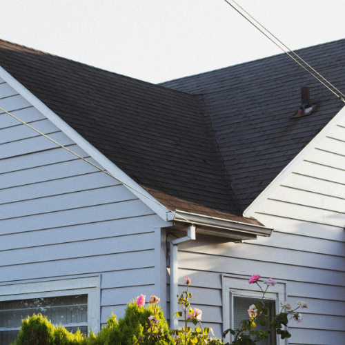 Close-up of a house's roof and siding with pink flowers in the foreground.