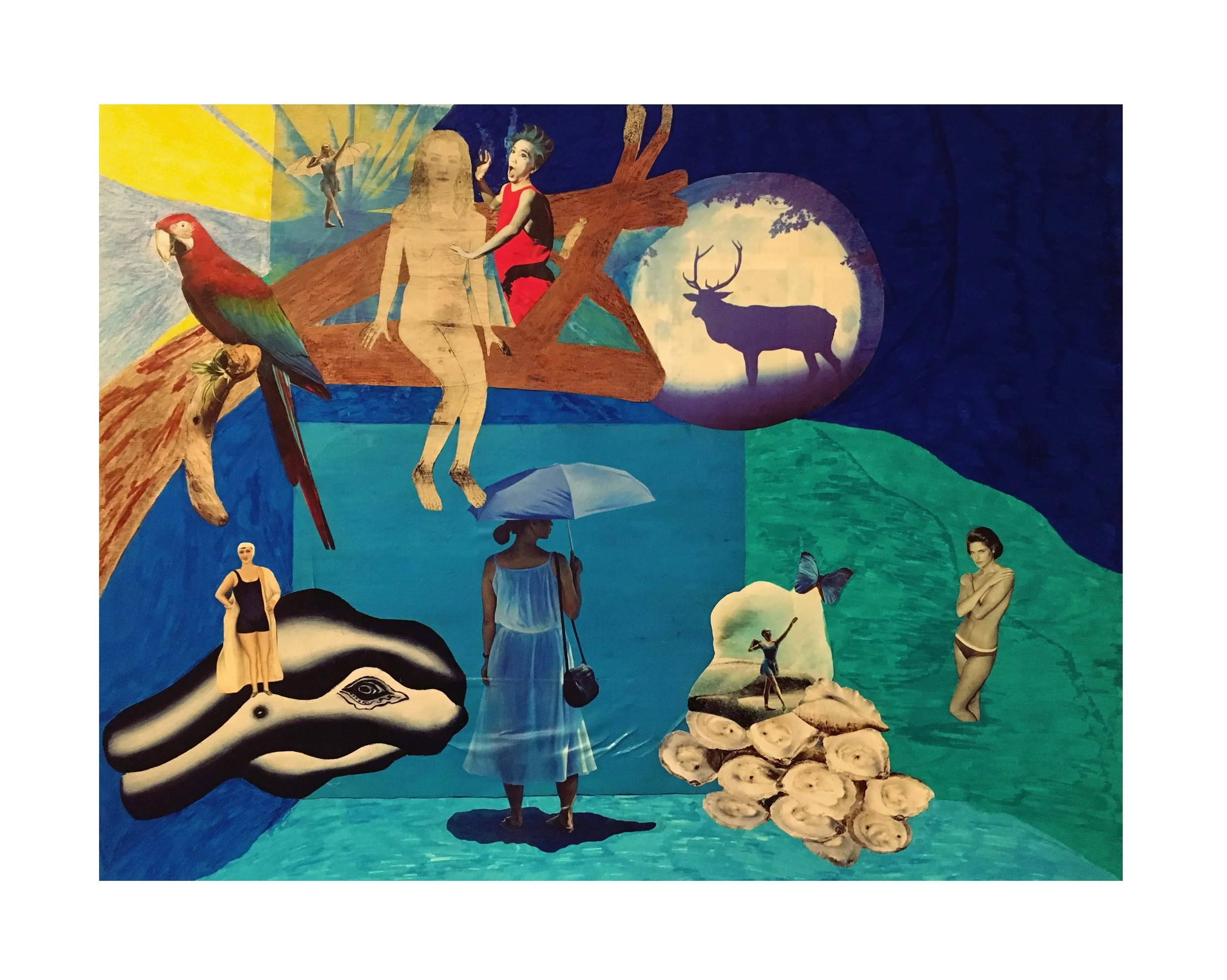 Collage artistique avec diverses figures humaines, animaux et éléments symboliques, dont un perroquet, un cerf, une femme avec un parapluie, et des figures de diverses tailles sur différents fonds colorés.