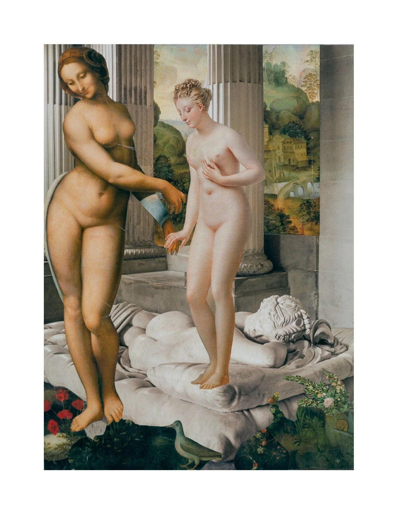 Tableau artistique représentant deux femmes nues dans un décor classique avec paysages en arrière-plan, éléments de sculpture et végétation.