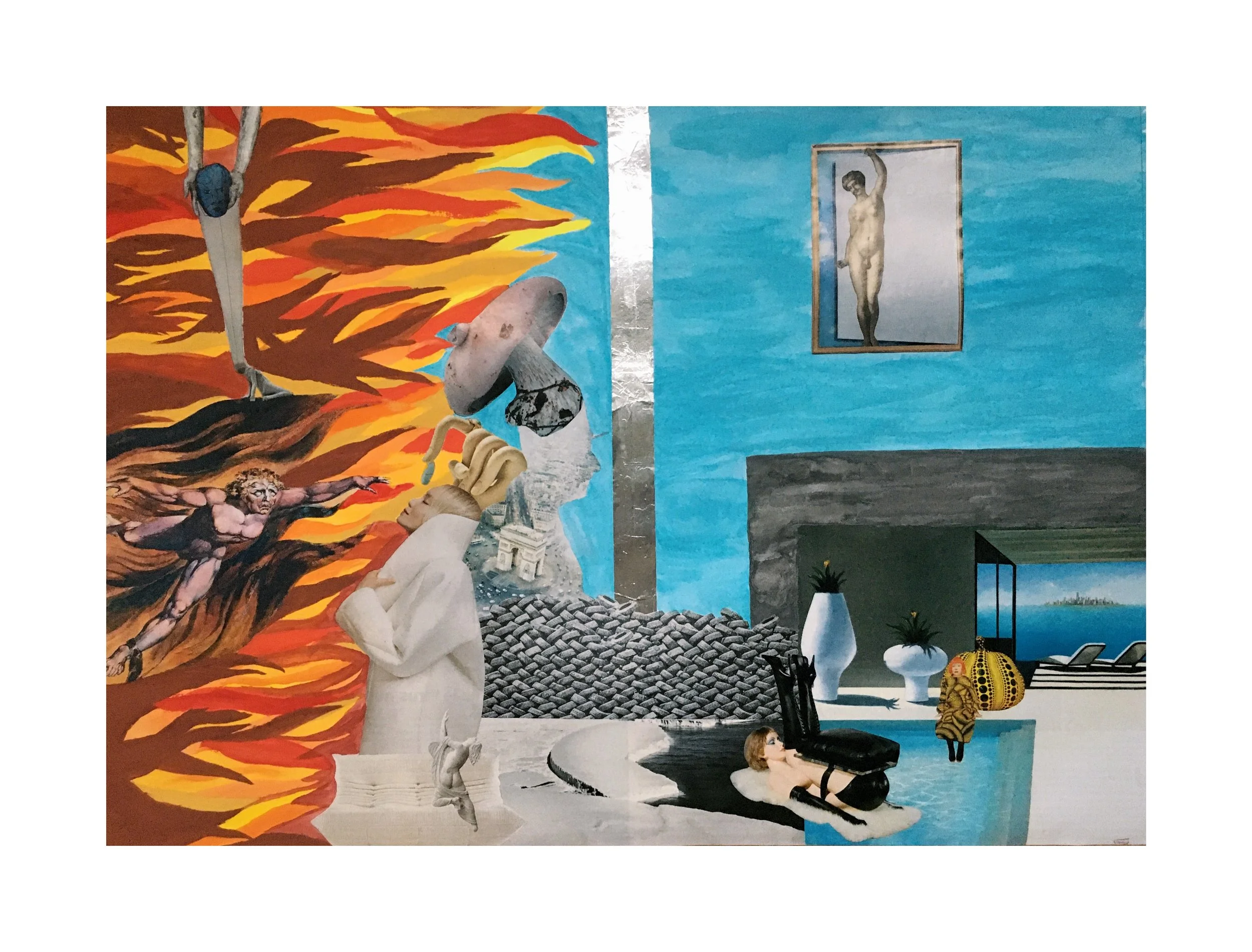 Une peinture murale représentant une scène surréaliste avec des éléments modernes et classiques, comprenant des figures humaines, un feu animé, un paysage côtier visible à travers une fenêtre, des vases, et une piscine.