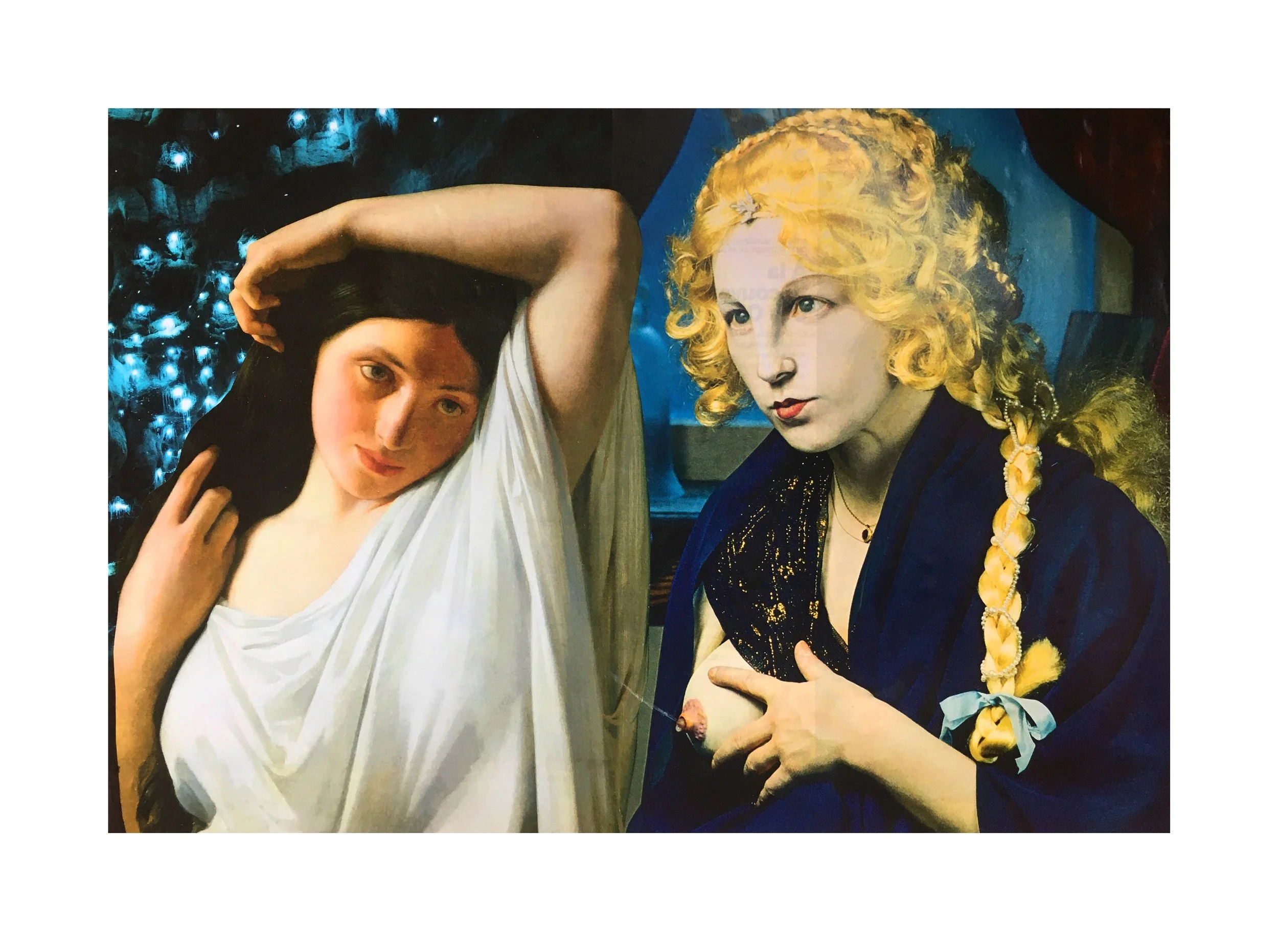 Deux œuvres d'art religieuses ou spirituelles : à gauche, une femme avec une robe blanche et des cheveux noirs, tenant ses cheveux d'une main et regardant doucement ; à droite, une femme avec des cheveux bouclés blonds coiffés avec des rubans, en rob