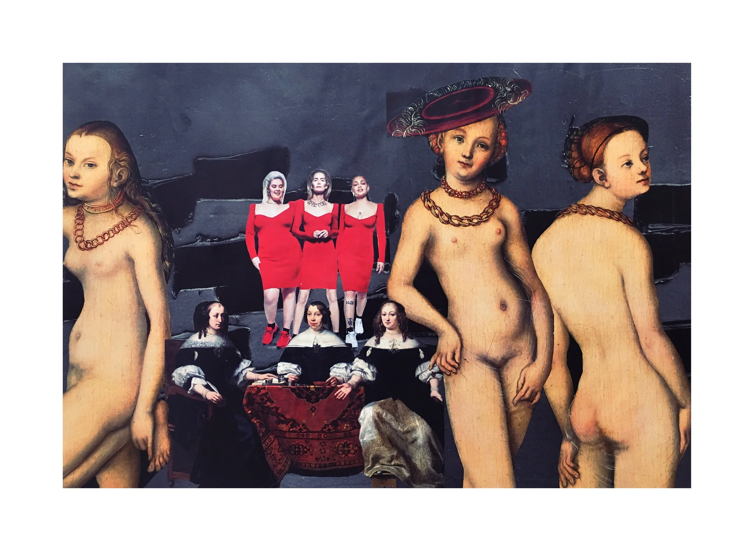 Une composition artistique combinant des œuvres classiques de nus féminins avec des femmes modernes en vêtements rouges. Les œuvres classiques sont des peintures de nus avec des accessoires comme des colliers, tandis que le fond est sombre. Les femme