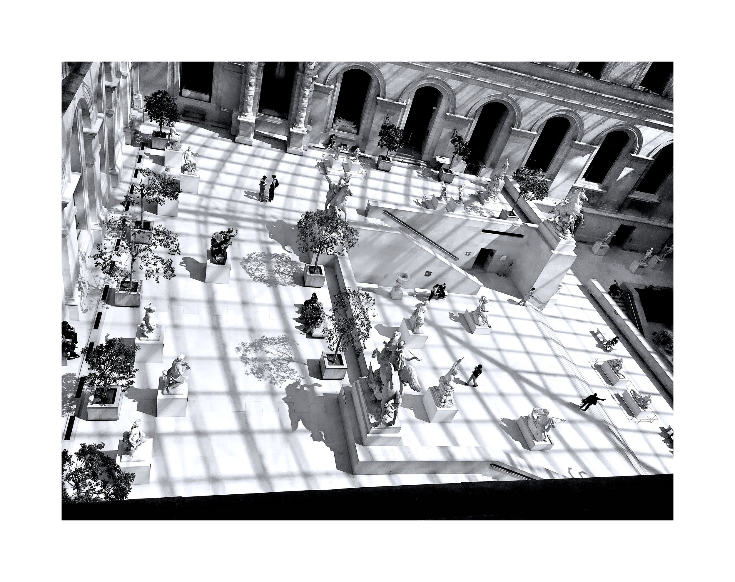 Vue intérieure d'un musée ou d'un bâtiment historique avec statues, plantes en pot, et ombres créées par une verrière au plafond.