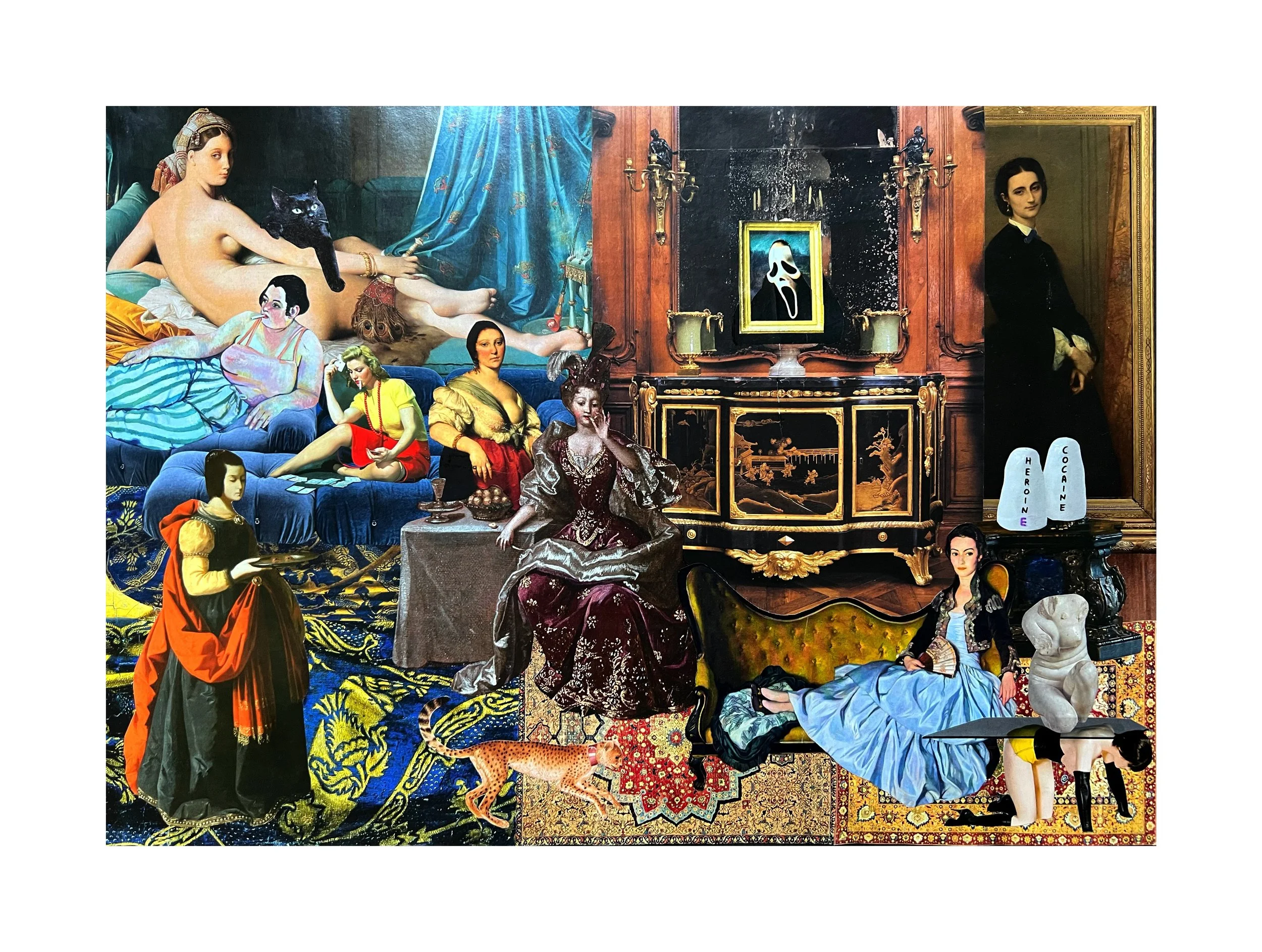 Collage de personnages historiques et contemporains, objets artistiques, animaux et décors allant du classique au moderne, avec des femmes, un chat noir, un léopard, une sculpture, et des éléments de décoration dans un style éclectique.