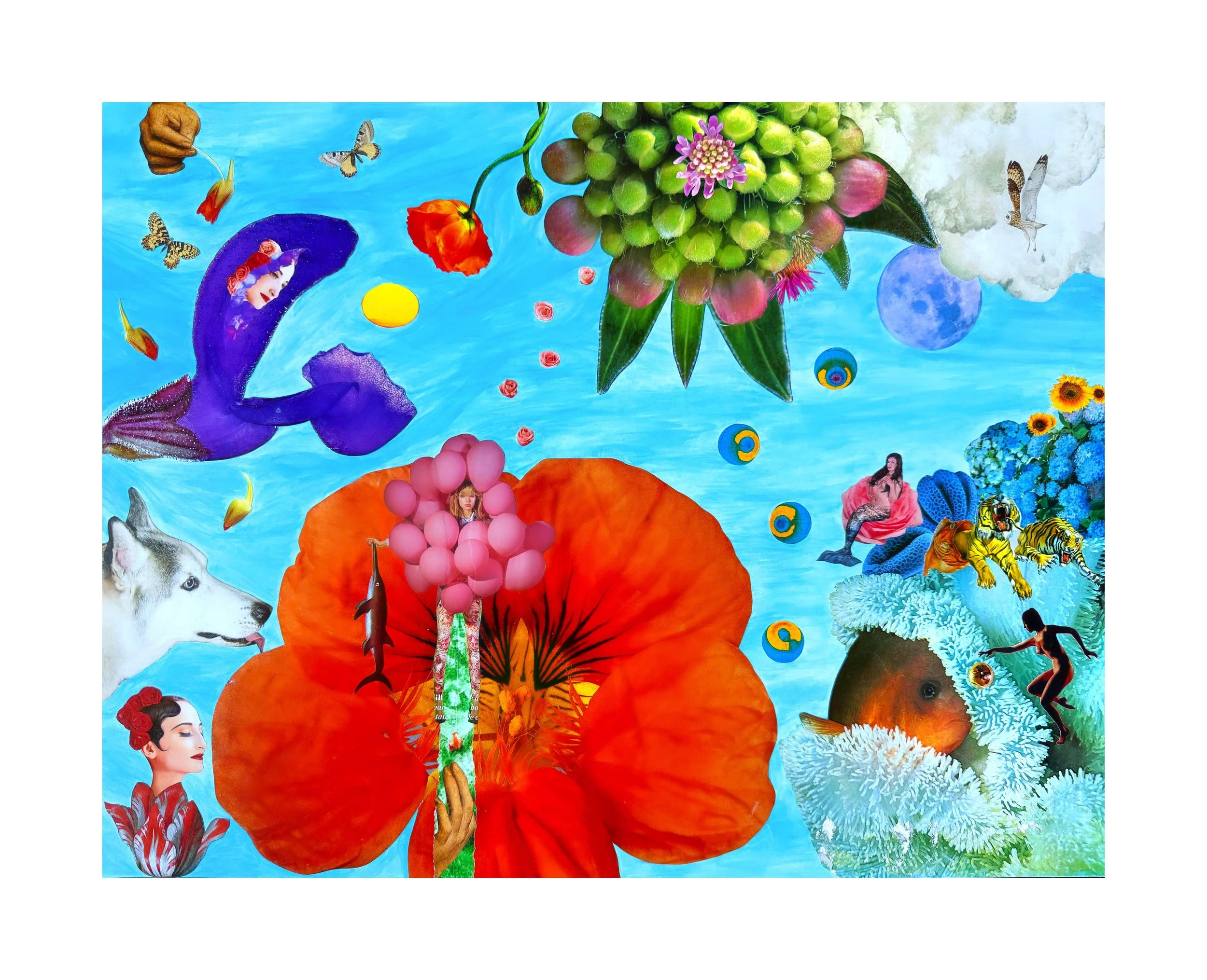 Collage coloré avec des éléments de nature et de fantaisie, incluant une sirène violette, une femelle humaine avec un bouquet de bulles roses, un visage de femme asiatique, un husky, une requin, une androgynie en robe rose, un tigre, un hérisson, des