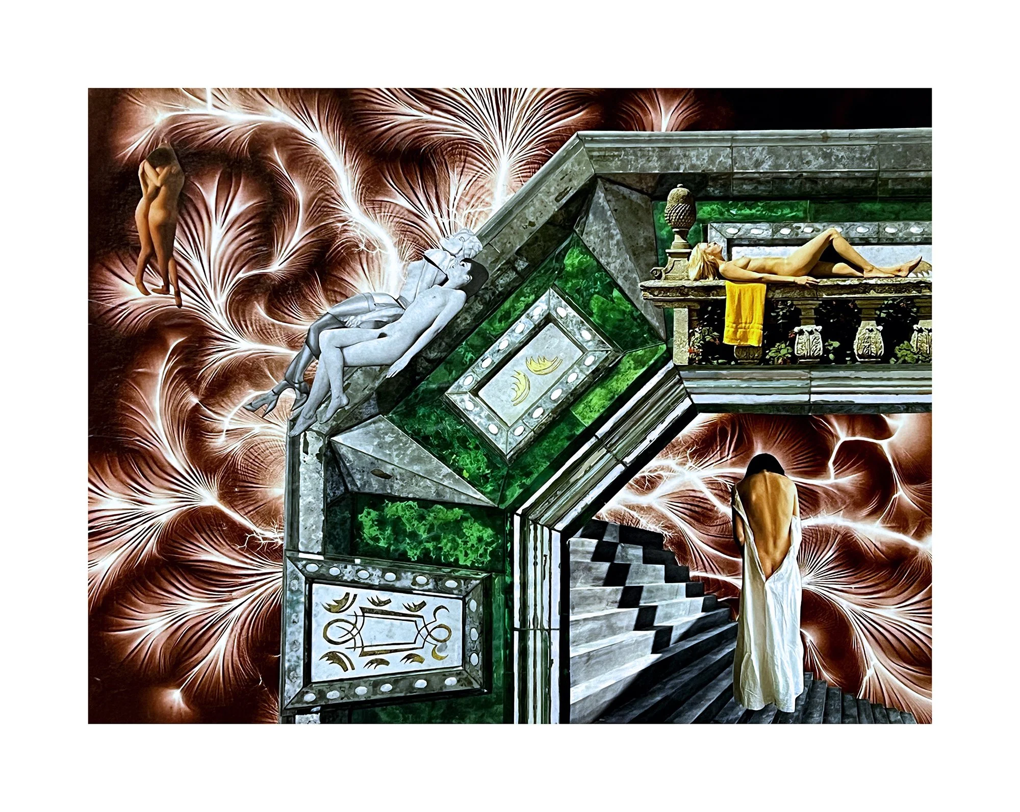 Une œuvre d'art représentant un intérieur avec des sculptures de figures humaines allongées et enroulées, un escalier de marbre noir et blanc, et un décor abstrait en arrière-plan.