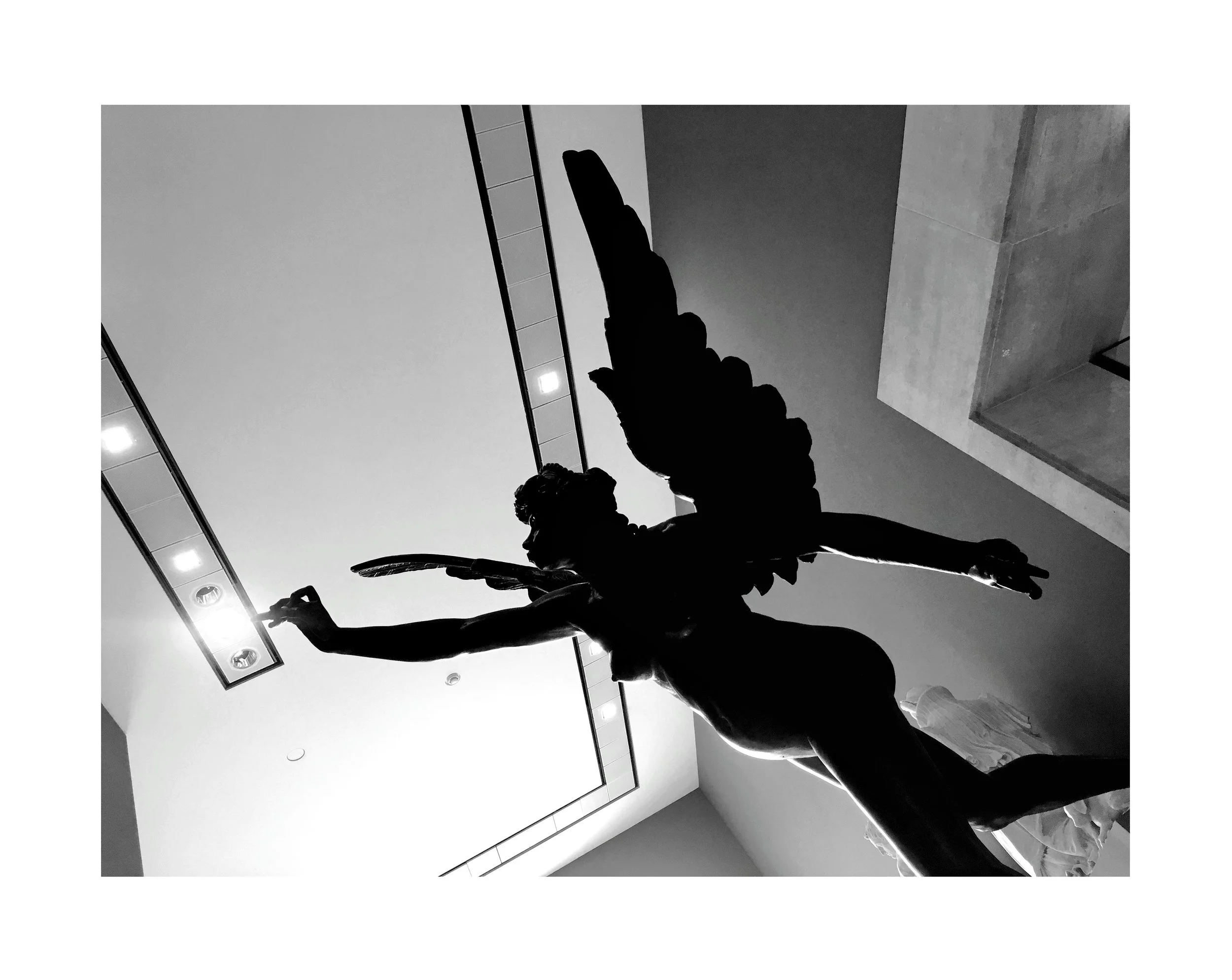 Sculpture en bronze représentant un ange avec une aile déployée, exposée dans un musée, vue en silhouette avec un éclairage de plafond