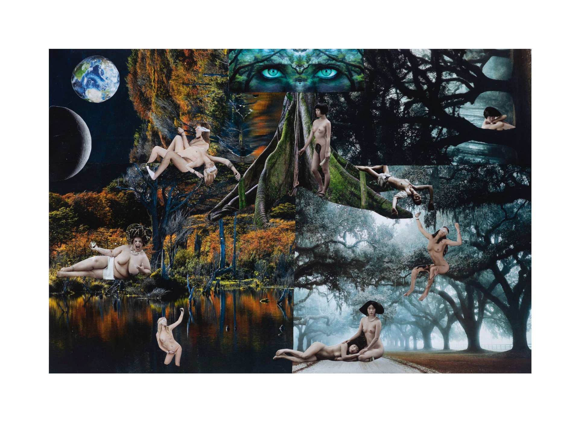 Collage surréaliste de femmes nues dans des paysages forestiers et spatiaux, avec des éléments de la nature et des couleurs vives, y compris des yeux bleus géants et la Terre dans le ciel.