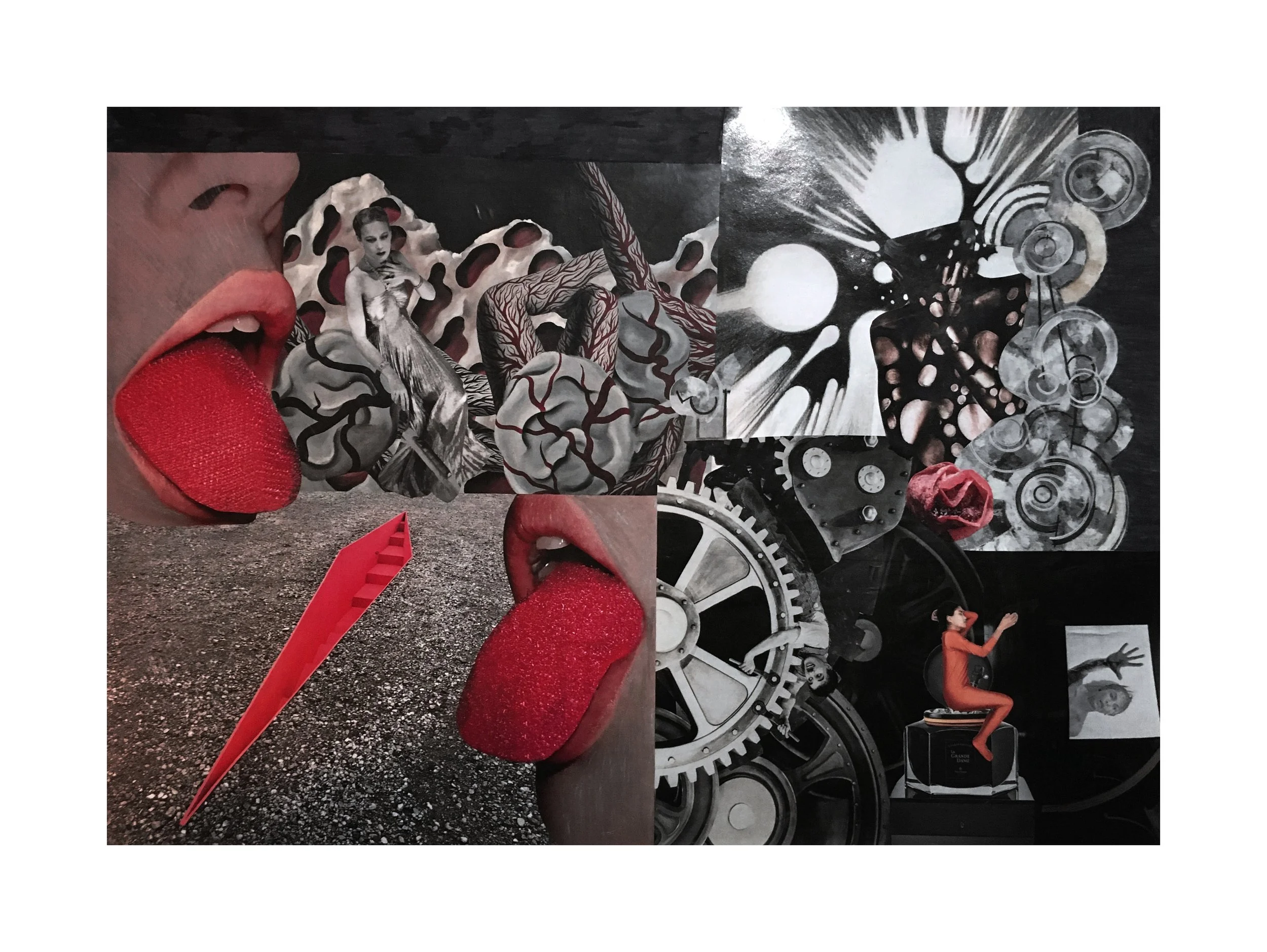 Collage artistique avec éléments surréalistes, portraits de femmes, machines, formes abstraites, visages, lèvres avec langue, bras, rois, et objets mécaniques.