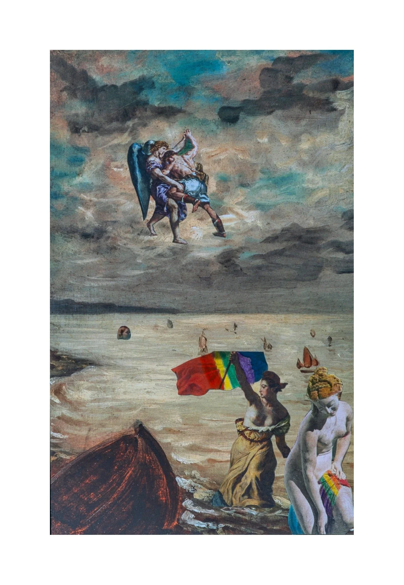 Une peinture représentant des individus dans un paysage maritime avec un ciel nuageux. Deux femmes, dont une avec une couronne de fleurs, portent des drapeaux arc-en-ciel. Dans le ciel, des figures mythologiques ou religieuses sont suspendues ou vola
