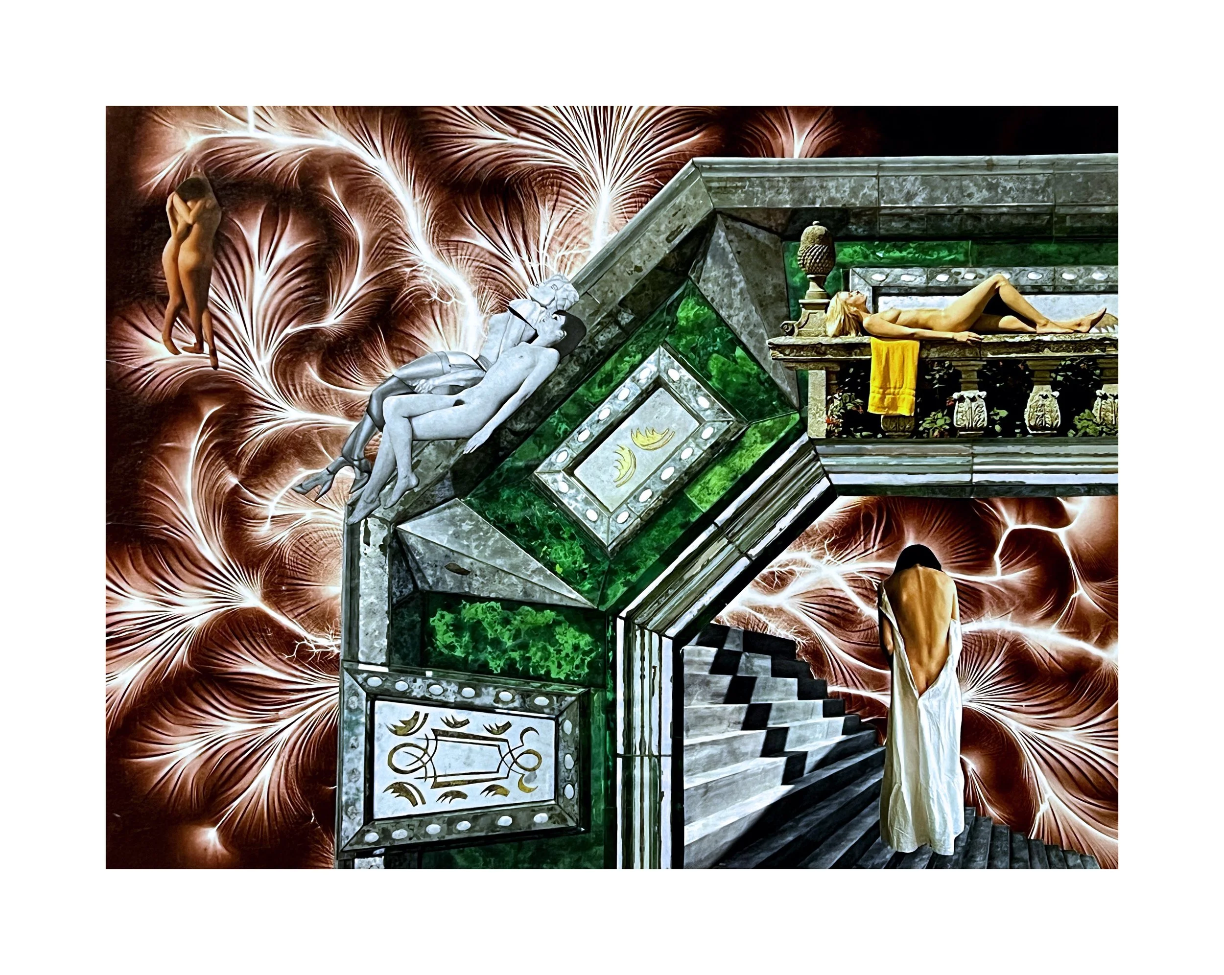 Une œuvre d'art surréaliste représentant des figures humaines allongées ou assises, un escalier noir et blanc, et un décor de couleurs vives avec des motifs floraux et feuillages. En arrière-plan, un fond avec des motifs semblables à des plumes ou de