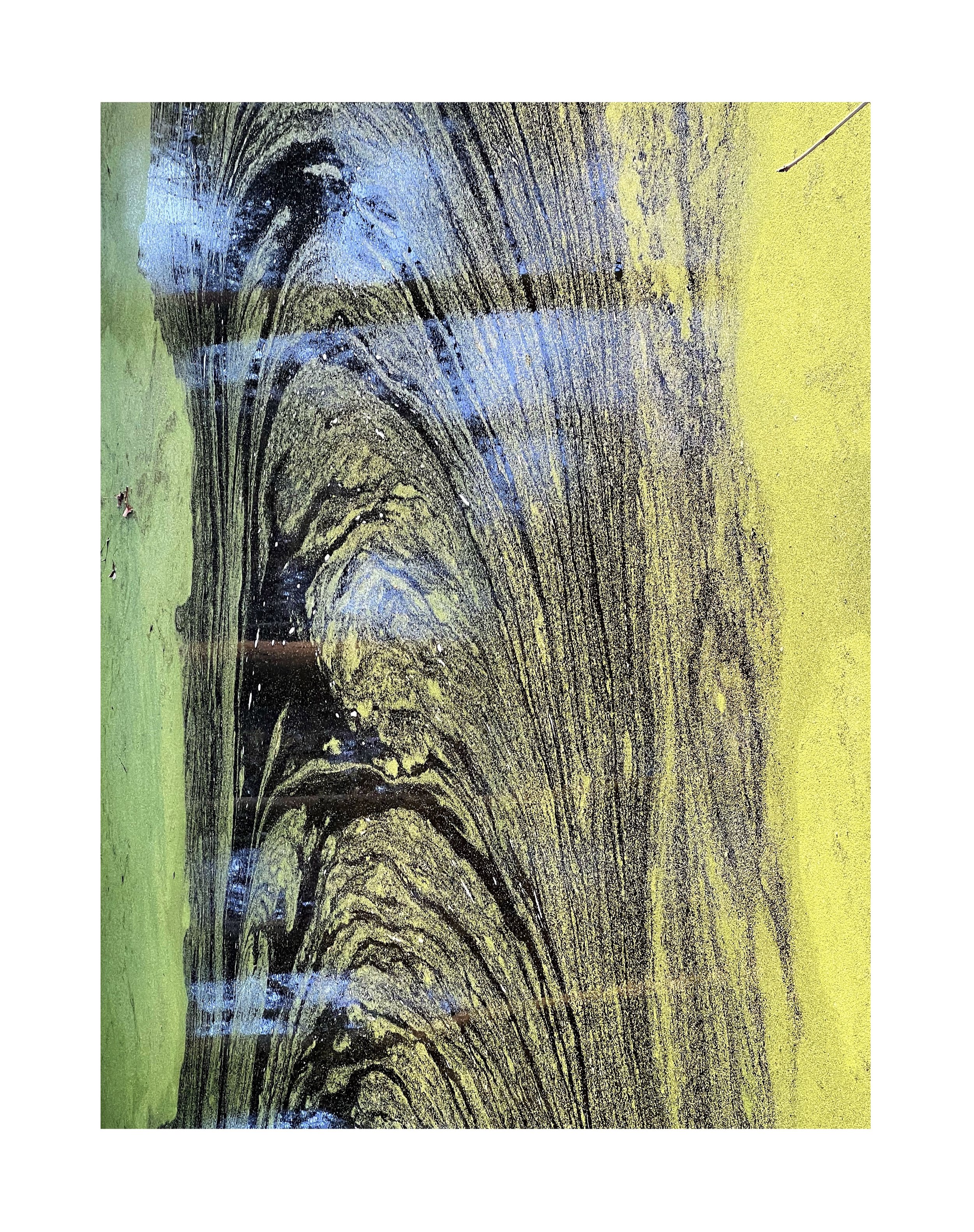 Une surface en bois avec des motifs de croissance ou de coupe, en partie recouverte de peinture verte et jaune, avec des lignes noires distinctes.