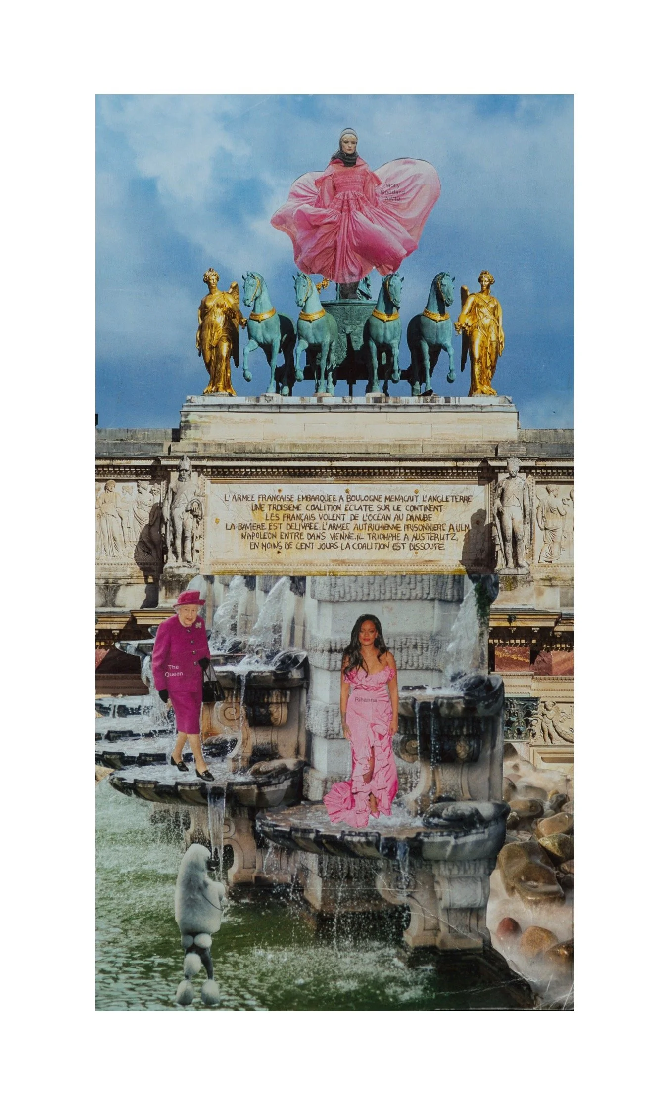 Collage avec des figures célèbres et des monuments, incluant une version modifiée de la fontaine de l'Opéra de Paris, avec une reine en rose, Rihanna en rose, et d'autres éléments colorés.