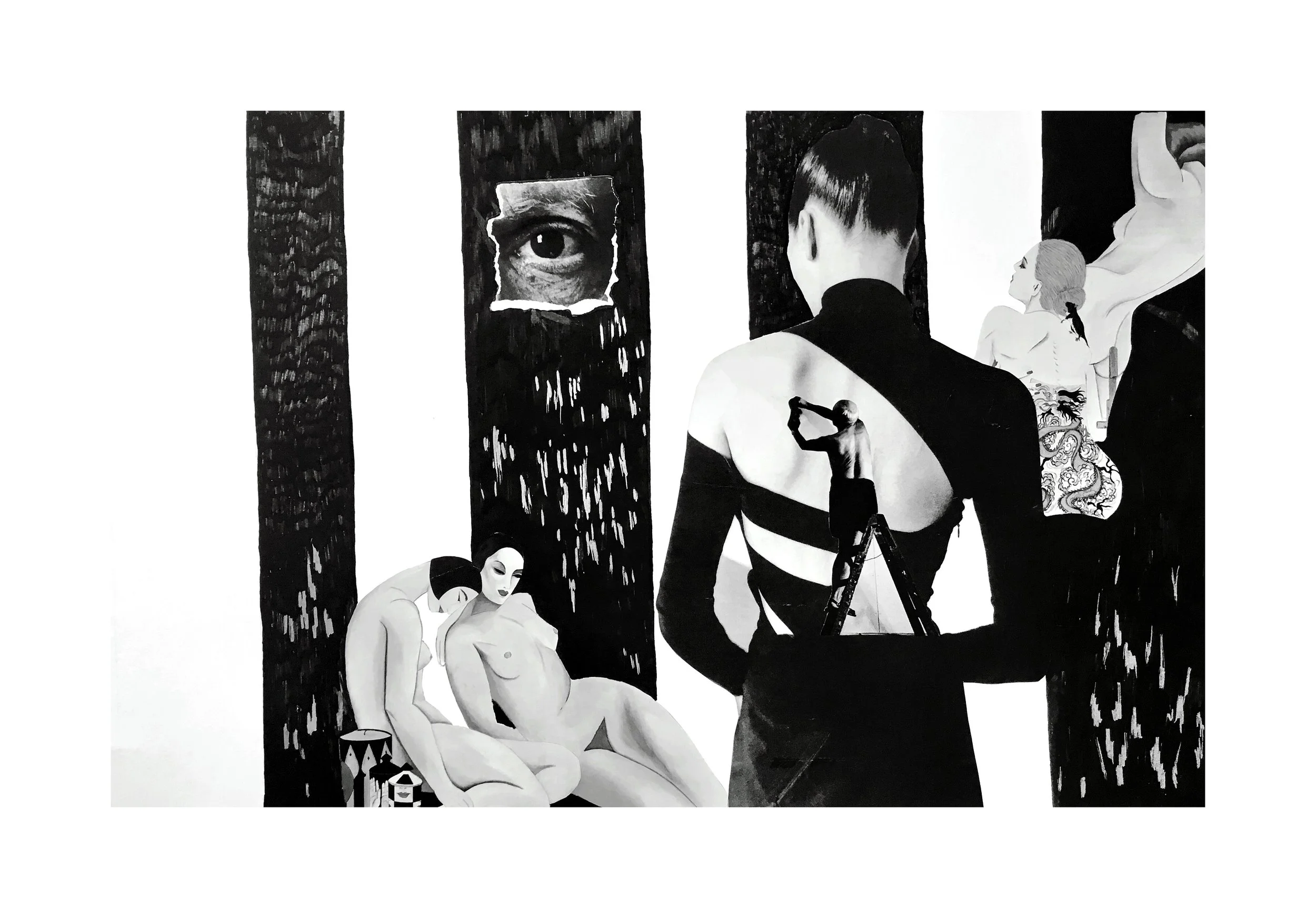 Un groupe de personnes travaille sur une grande œuvre d'art en noir et blanc représentant plusieurs femmes nues dans différents styles, avec un œil en gros plan dans un cadre à côté.