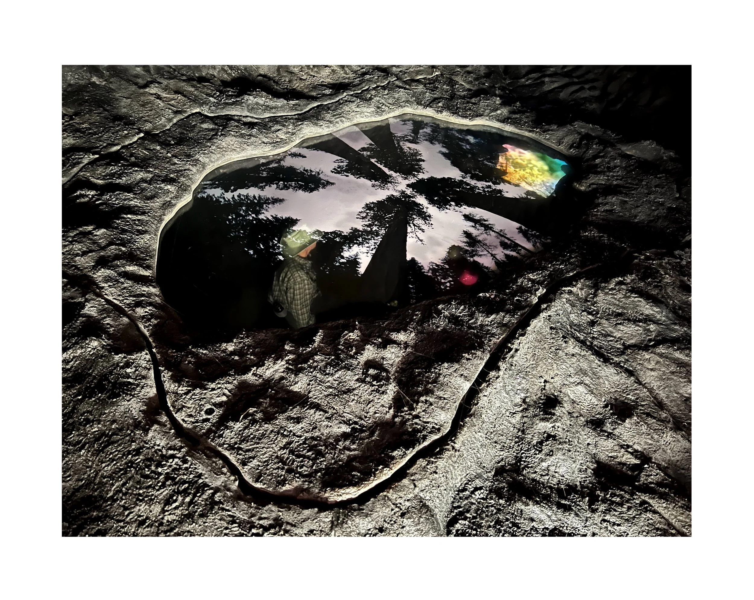 Une plaque d'immatriculation réfléchissante encastrée dans une surface rocheuse, avec des reflets d'arbres et un ciel nuageux, ainsi que le reflet d'une personne.