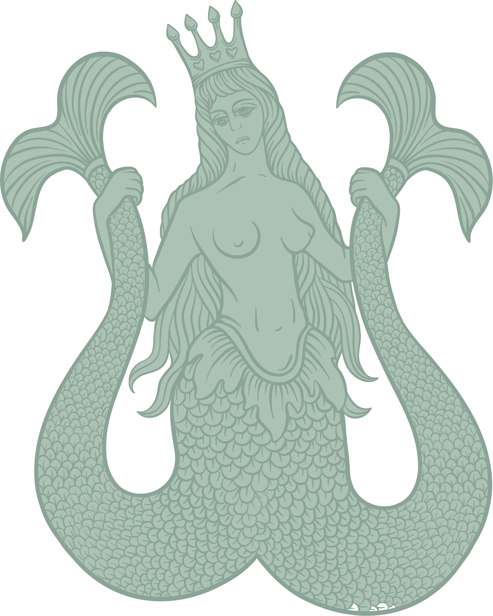 Une illustration d'une sirène féminine avec une tête de femme et un corps de poisson, portant une couronne, avec deux grands bras en forme de coquillage ou de poisson, sur fond noir.