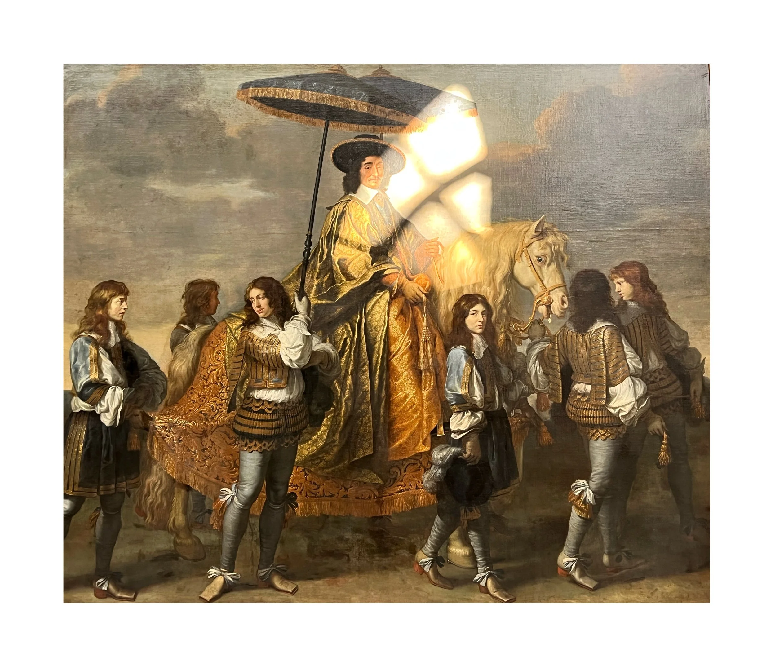 Une peinture représentant un groupe de personnes habillées en vêtements d'époque, avec un homme au centre sur un cheval, portant un parapluie maintenu par une femme. Le groupe marche en procession, le ciel est nuageux en arrière-plan.