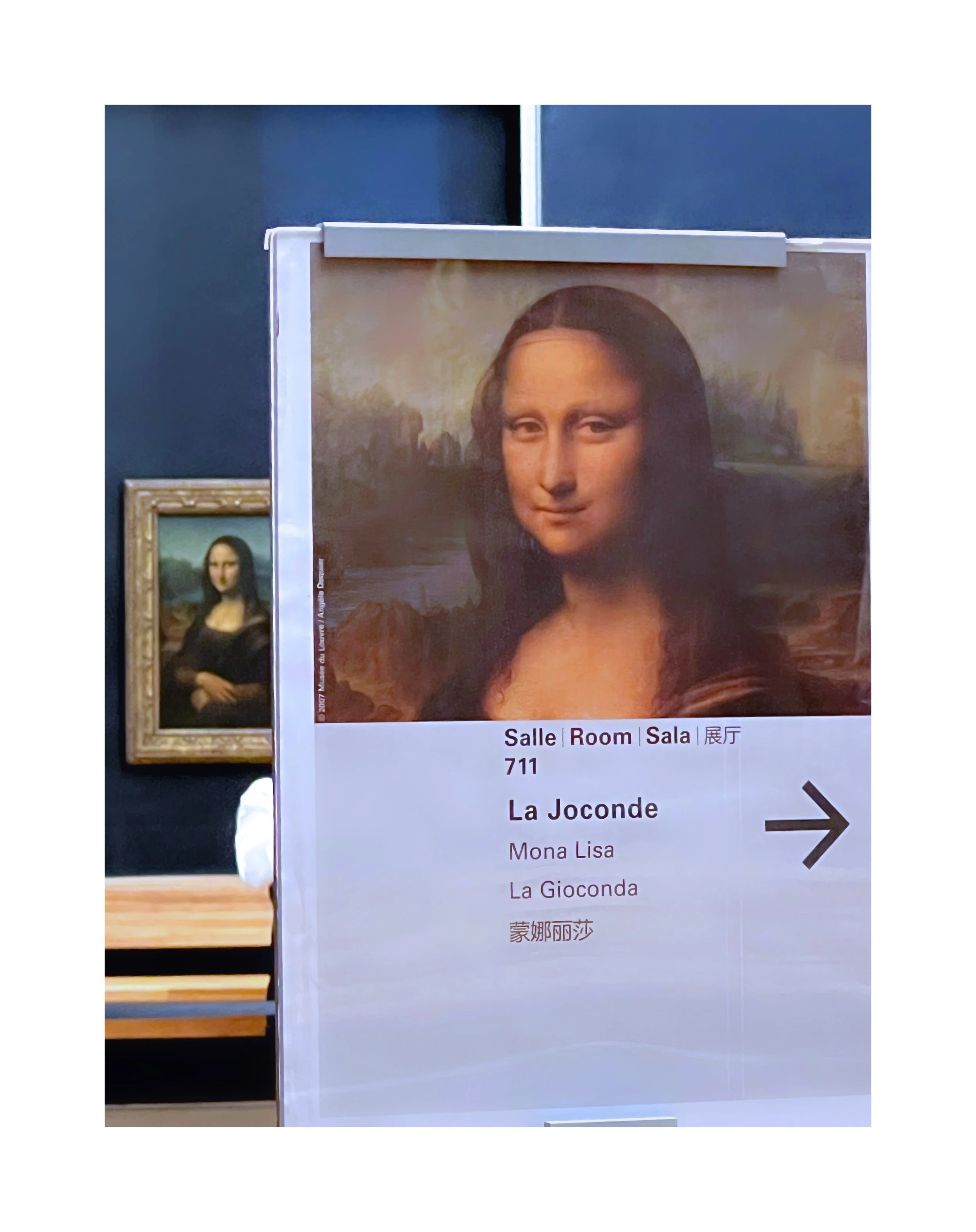 Panneau avec une reproduction de la Mona Lisa et des informations sur la salle d'exposition, y compris des noms en français, anglais, chinois et italien, avec une flèche indiquant la direction.