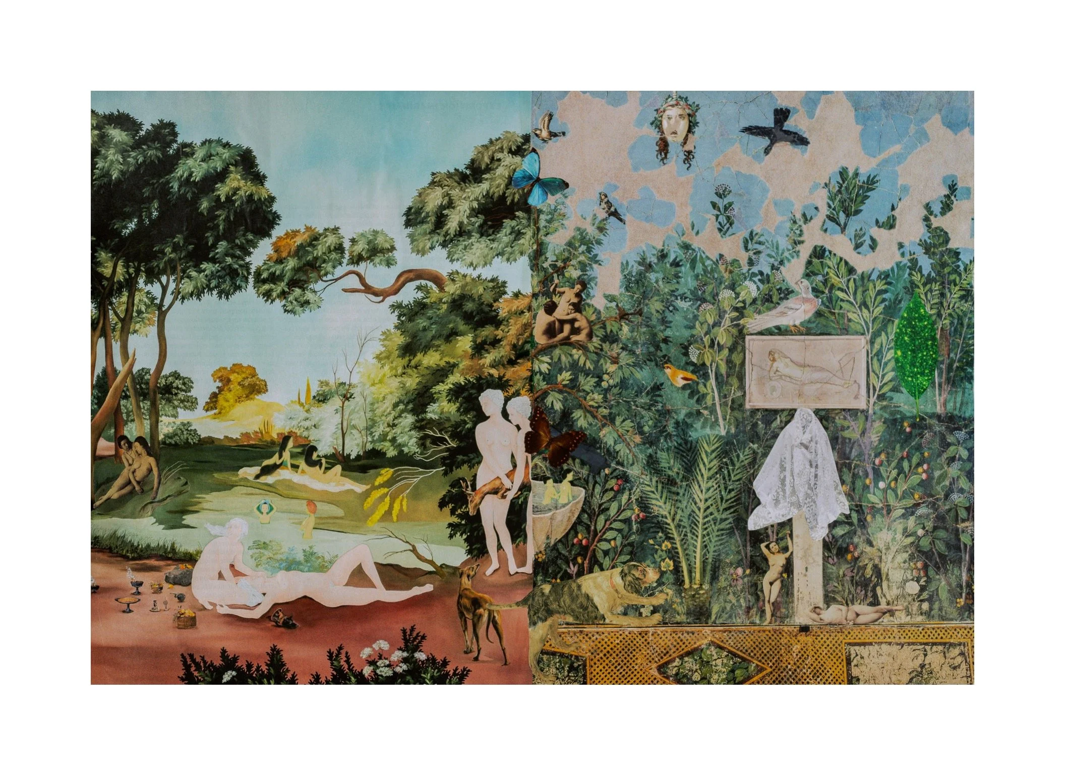 Une peinture représentant une scène naturelle avec arbres, animaux et figures humaines dans un style mixte de réalisme et d'imaginaire, divisé en deux parties, une claire à gauche et une plus sombre à droite.