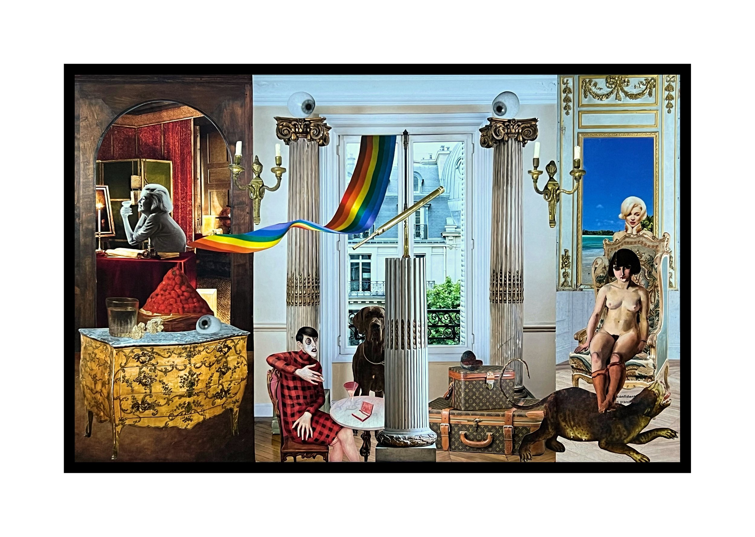 Une peinture représentant une salle d'appartement avec diverses figures et objets artistiques, y compris un homme en peluche, un chien, une femme nue assise, un tableau avec une femme blonde, une fenêtre avec rideaux, un canapé, un coffre de voyage, 