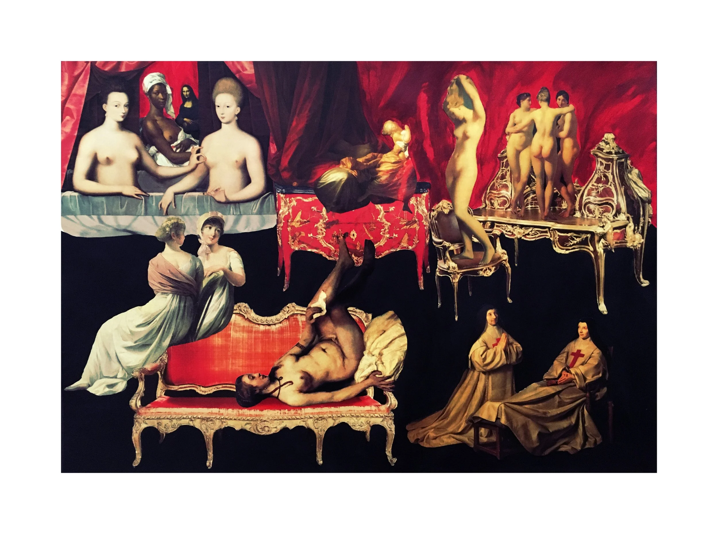 Peinture représentant plusieurs scène religieuses et mythologiques avec des figures nues et habillées, des meubles anciens, et un fond sombre.