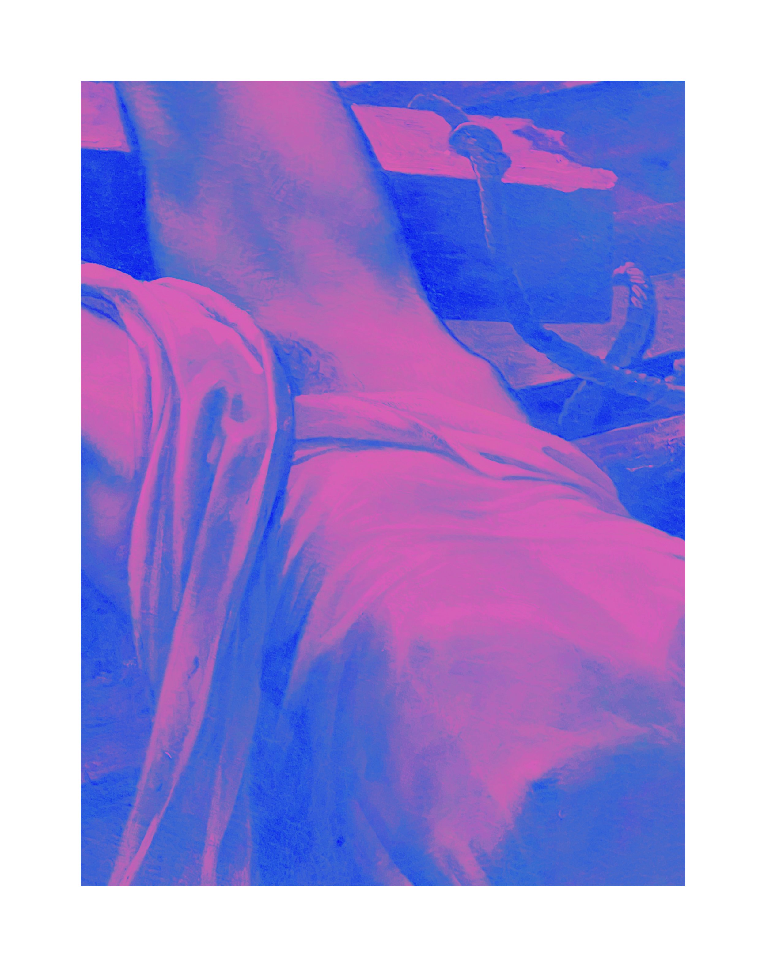 Une personne assise dans un fauteuil à proximité d'une table avec une tasse. L'image est modifiée en style artistique avec des couleurs pastel et des effets de flou.