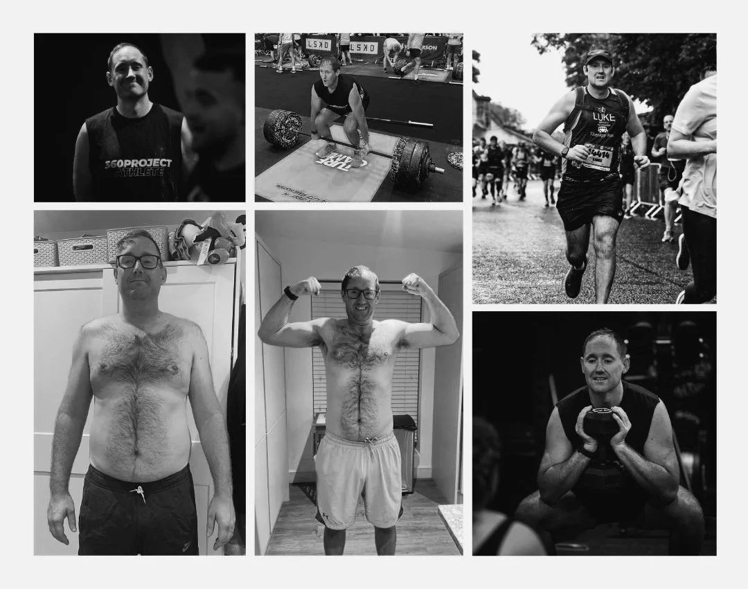 Collage of a man's fitness journey, including weightlifting, running, and body transformation.