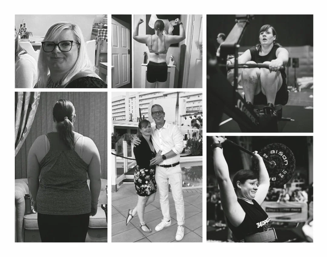 Collage of a woman showing weightlifting progress, includes images of her exercising, with a partner, and posing in different outfits.