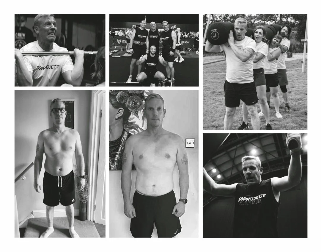 Collage of a man engaged in various fitness activities, including weightlifting, group workout, and before-and-after physique comparison.