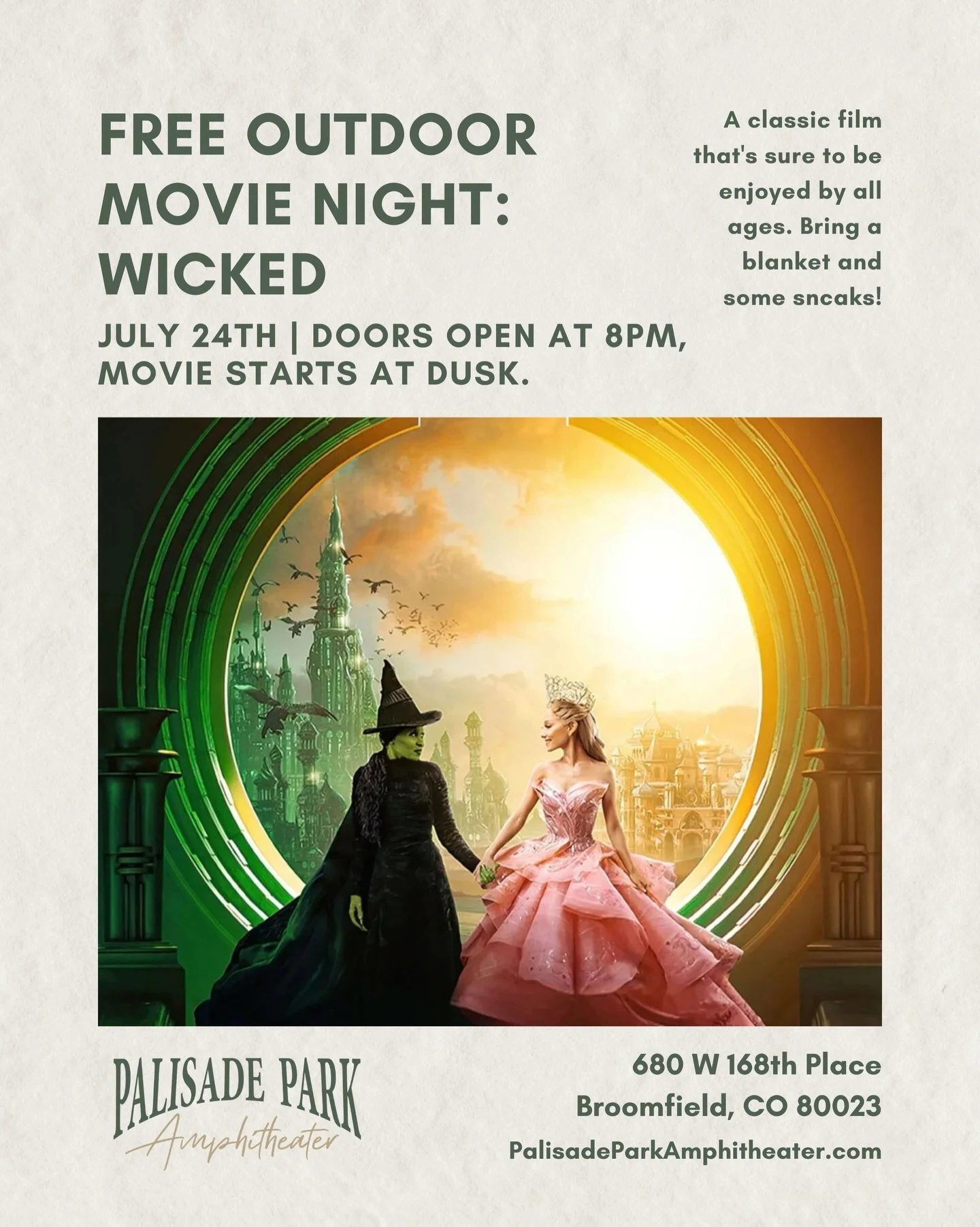 This Friday, July 24, join us for our free outdoor movie night featuring Wicked! Secure your free spot now through the link in our bio.