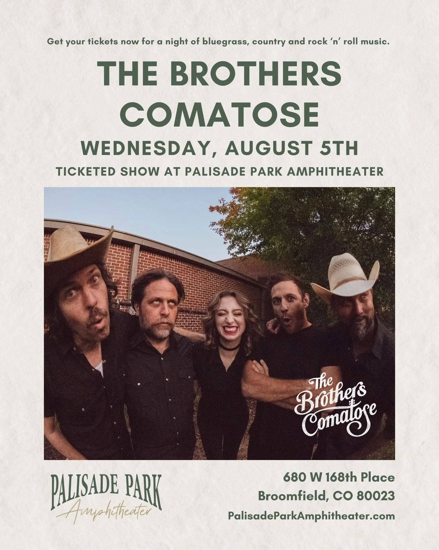 Join us on Wednesday, August 5th for @broscomatose live at PPA! Doors open at 6pm, Rusty Gears open at 6:30pm, and The Brothers Comatose go on at 7:30. Visit PalisadeParkAmphitheater.com to purchase your tickets or click the link in our bio.