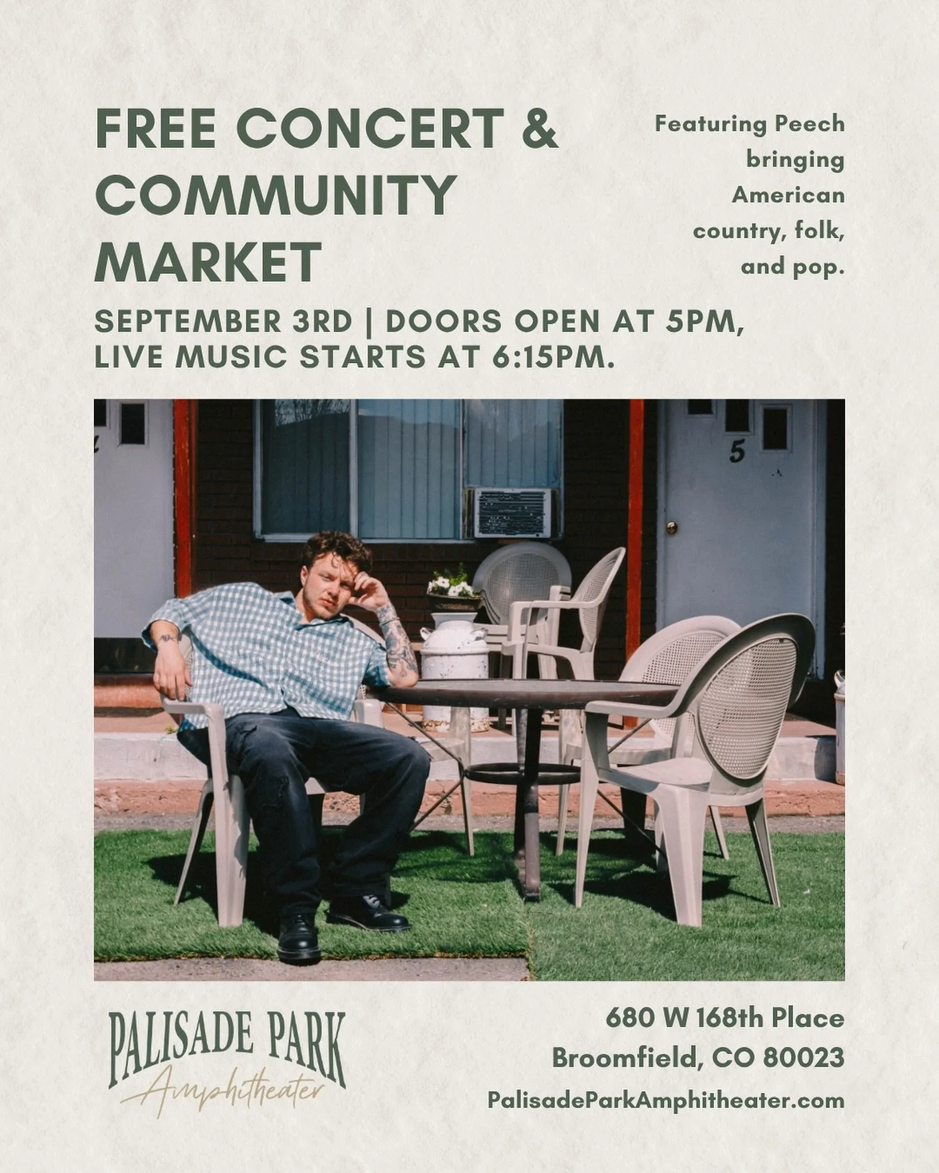 Join us Thursday, September 3rd, for the final Free Concert &amp; Community Market of the summer at Palisade Park Amphitheater! Special guest, Peech, brings American country, folk, and pop to the PPA stage, with doors opening at 5:00 PM and music sta