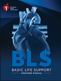Cover of a manual titled 'Basic Life Support Provider Manual' featuring an illustration of a human heart and a heart with an aorta, with the American Heart Association logo.