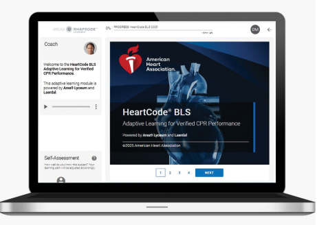 Laptop screen displaying an American Heart Association HeartCode BLS online training course page.
