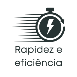 Relógio de contagem regressiva com símbolo de raio, indicando rapidez e eficiência, com texto em português 'Rapidez e eficiência'.