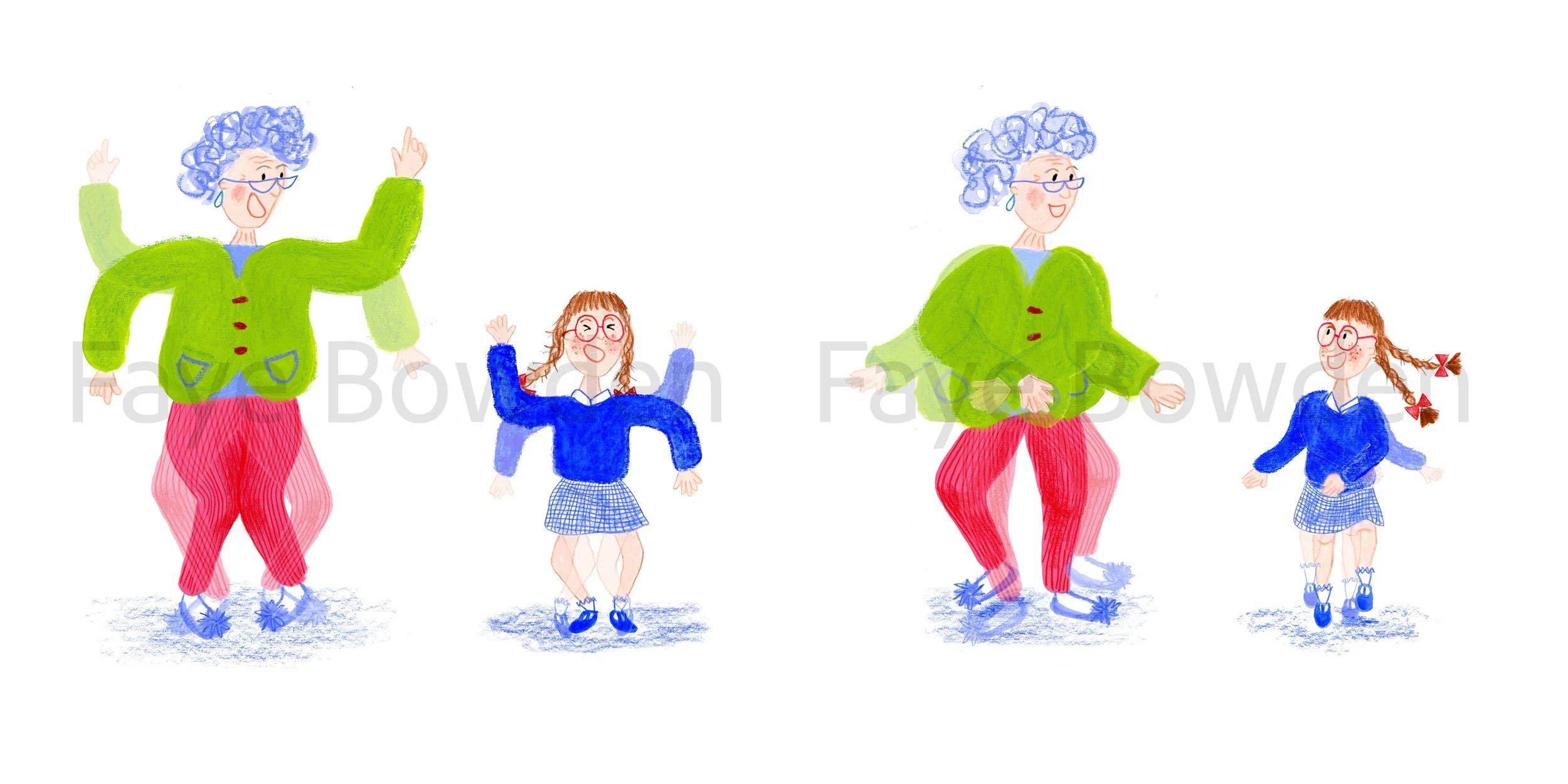 A Granny wearing a green cardigan and pink and red striped trousers dances enthusiastically with her granddaughter who is wearing a blue school uniform and has long ginger hair in plaits with red bows and wears red glasses. The colourful illustration