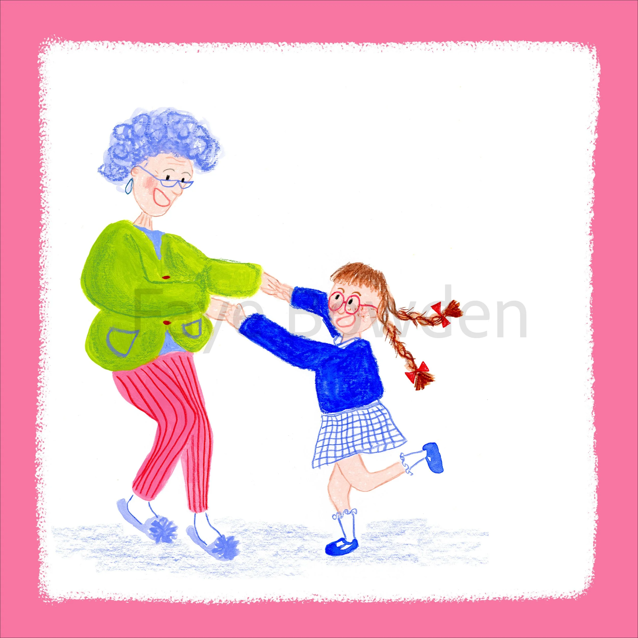 A Granny wearing a green cardigan and pink and red striped trousers dances enthusiastically with her granddaughter who is wearing a blue school uniform and has long ginger hair in plaits with red bows and wears red glasses. The colourful illustration