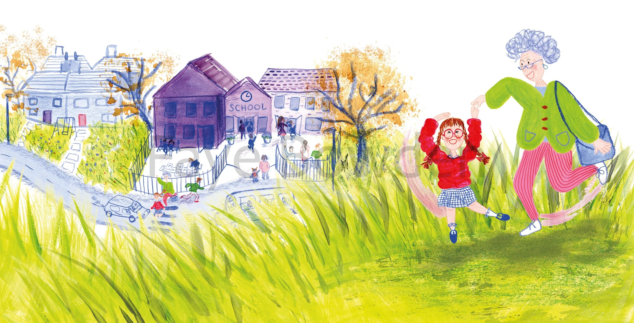 Granny and her granddaughter dance their way out of the school gates and all the way home. There are buildings in the background and a road and grassy hill in the foreground. The colourful illustrations are created traditionally by Faye Bowden.