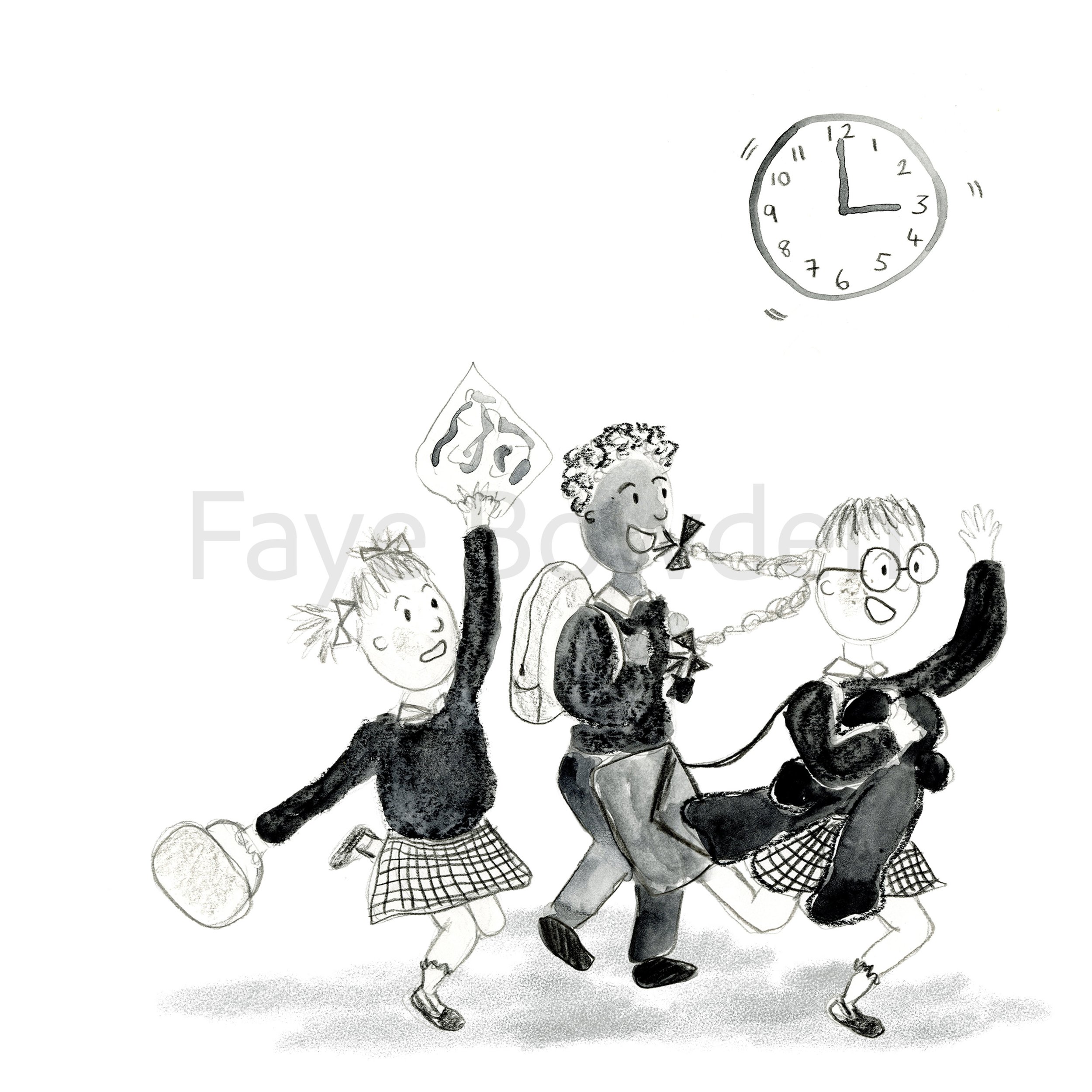 Three children are leaving school and are excited to greet their adults. A little girl waves a picture in the air and holds her lunchbox, a boy carries his backpack and the girl at the front waves to her Granny whilst carrying her coat. The illustrat
