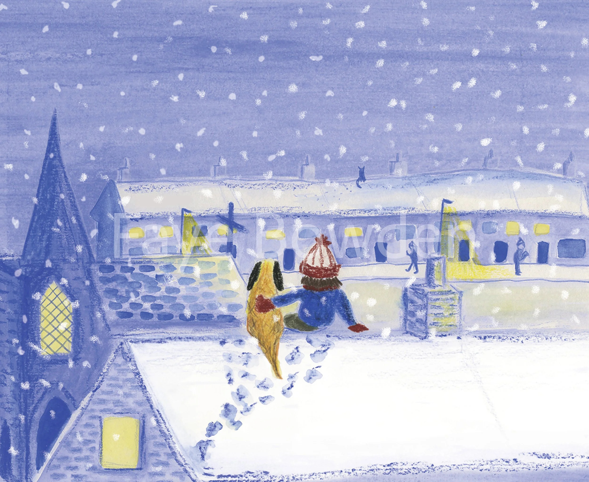 A hand drawn illustration by Faye Bowden of a boy and a dog sitting on a snow-covered rooftop looking out at the street in the dark. Snow is falling and the yellow streetlamp light up the scene.