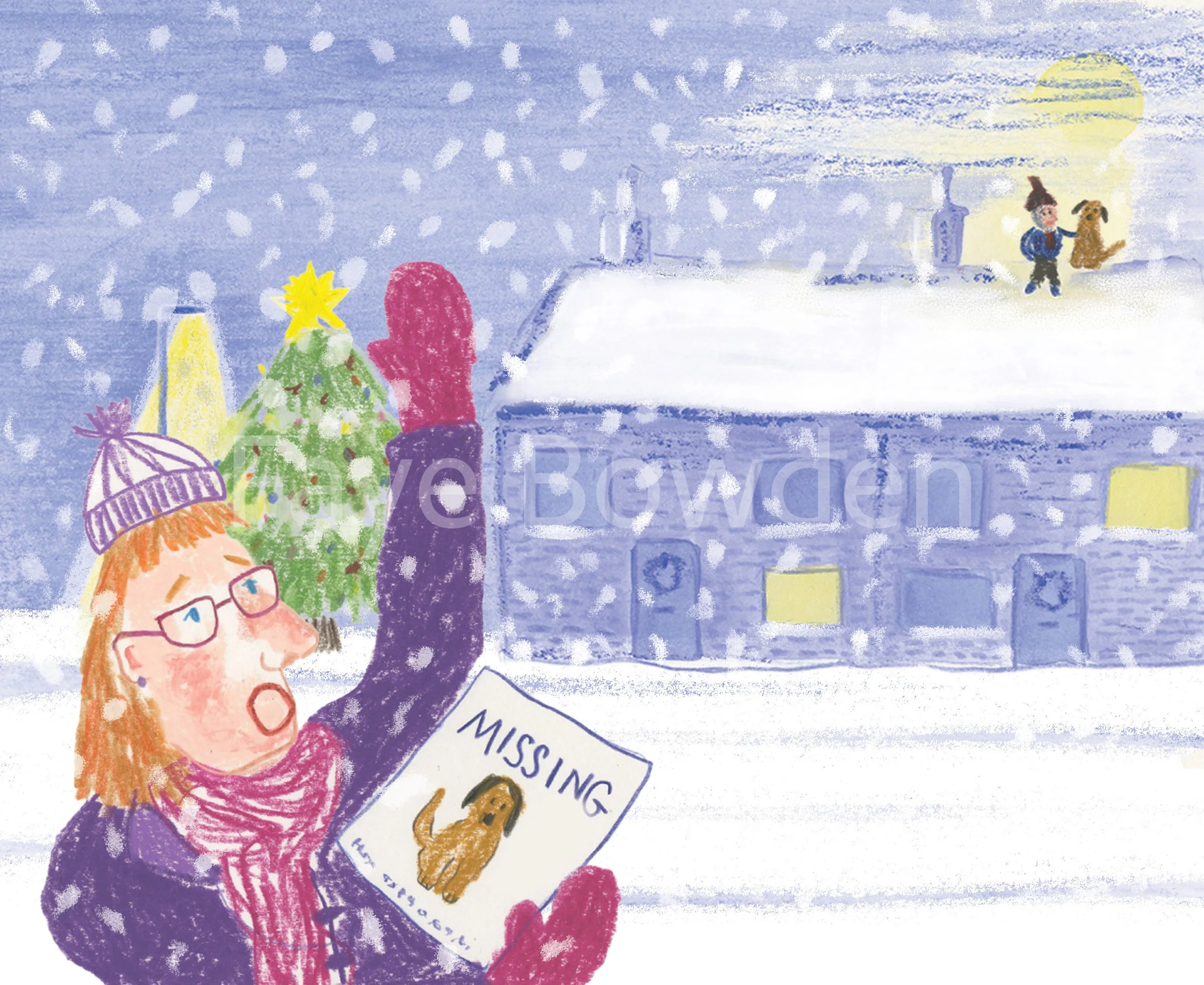 A hand drawn illustration by Faye Bowden  of a woman with orange hair and a purple coat looking for her lost dog in the snow. A Christmas tree is lit up in the background and there are silhouettes of a boy and a dog on a rooftop, illuminated by the m