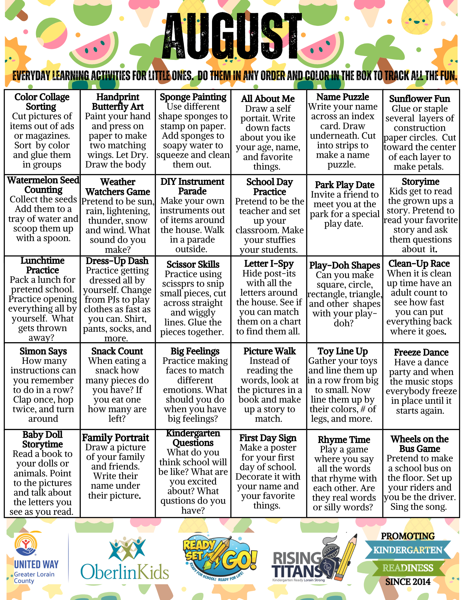 August Activity Calendar 