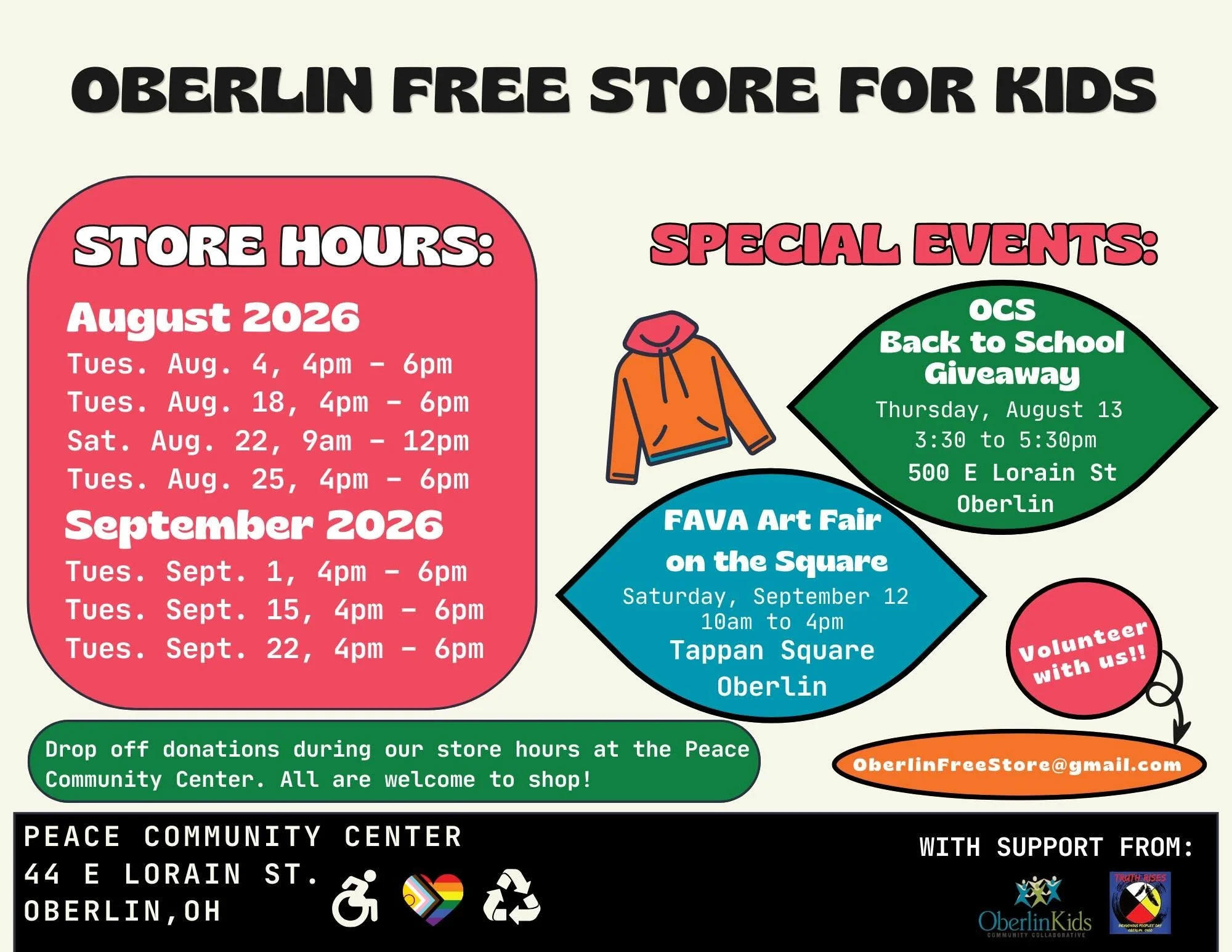 August &amp; September 2026 Oberlin Free Store For Kids Hours