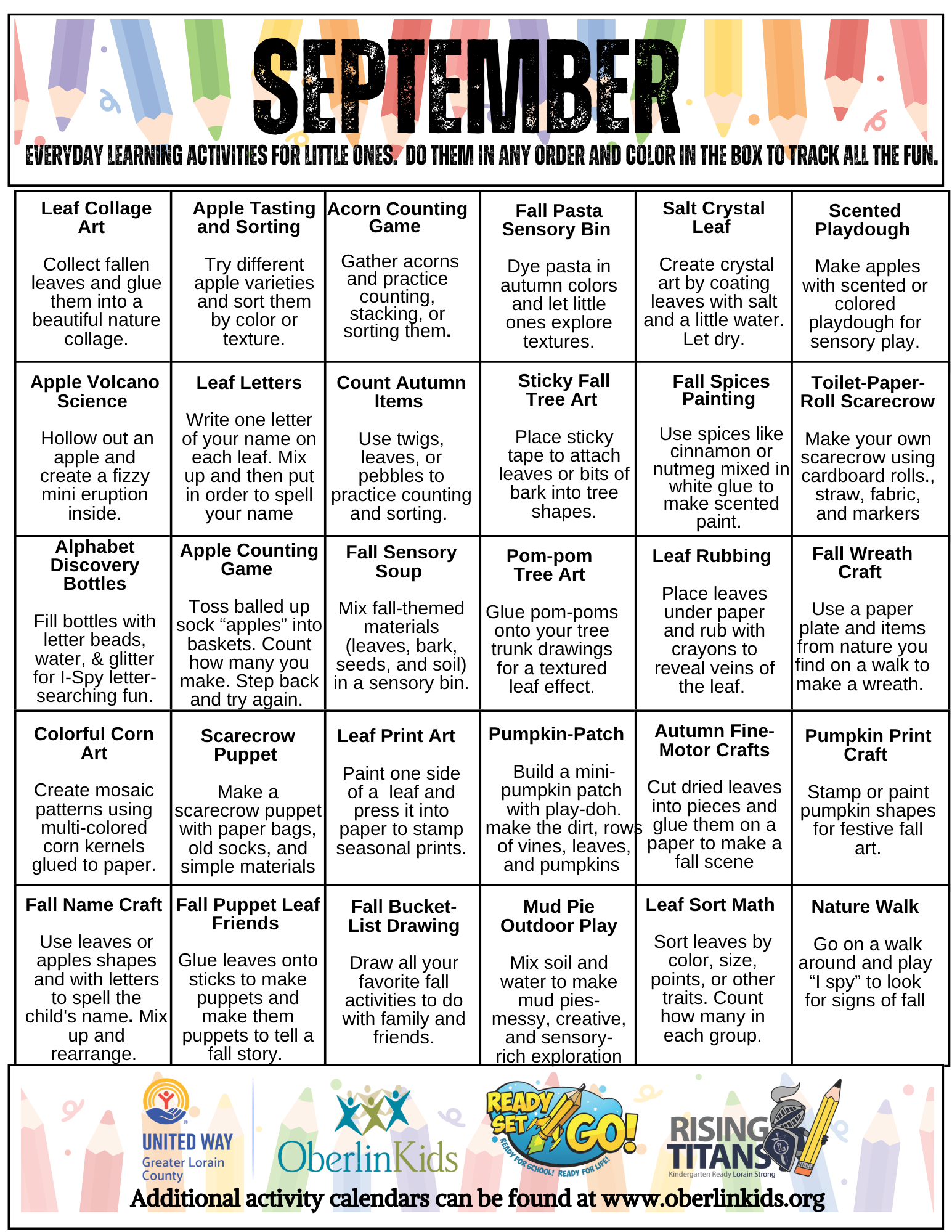 September Activity Calendar 