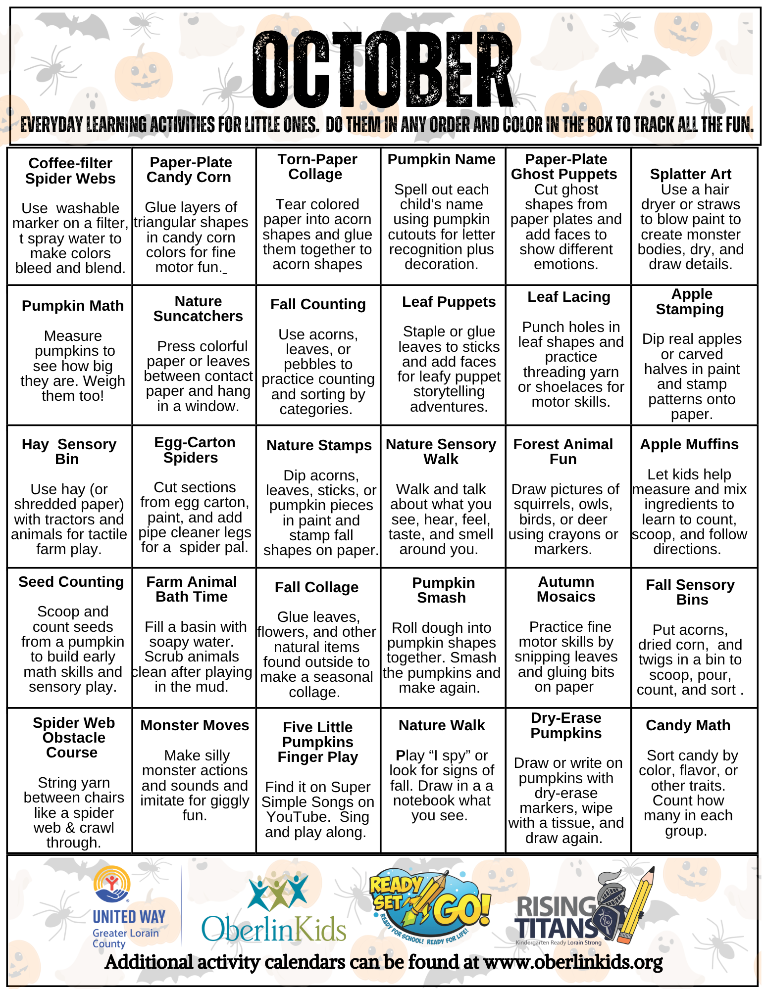 October Activity Calendar 