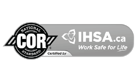 Logo with National OSHA standards certification and IHSA.ca Work Safe for Life slogan.