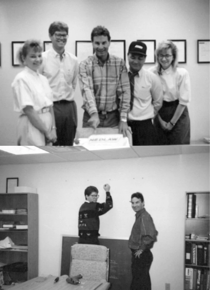 A group of five people in an office setting, standing in front of framed pictures on the wall, and two people in a room with shelves and a desk, one flexing and the other smiling.