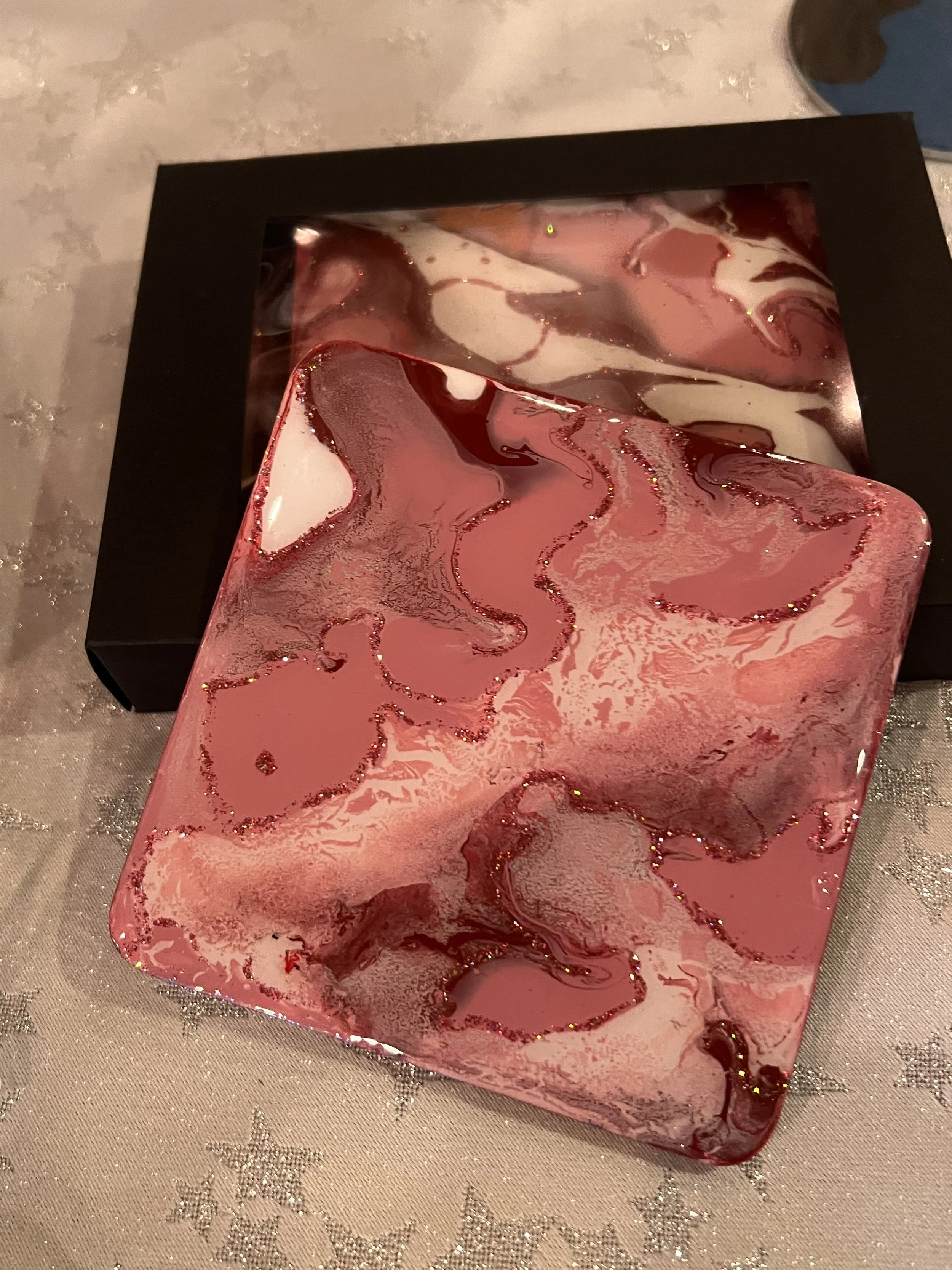 Hand made fluid art coasters, wood based double sided with resin and embellishments