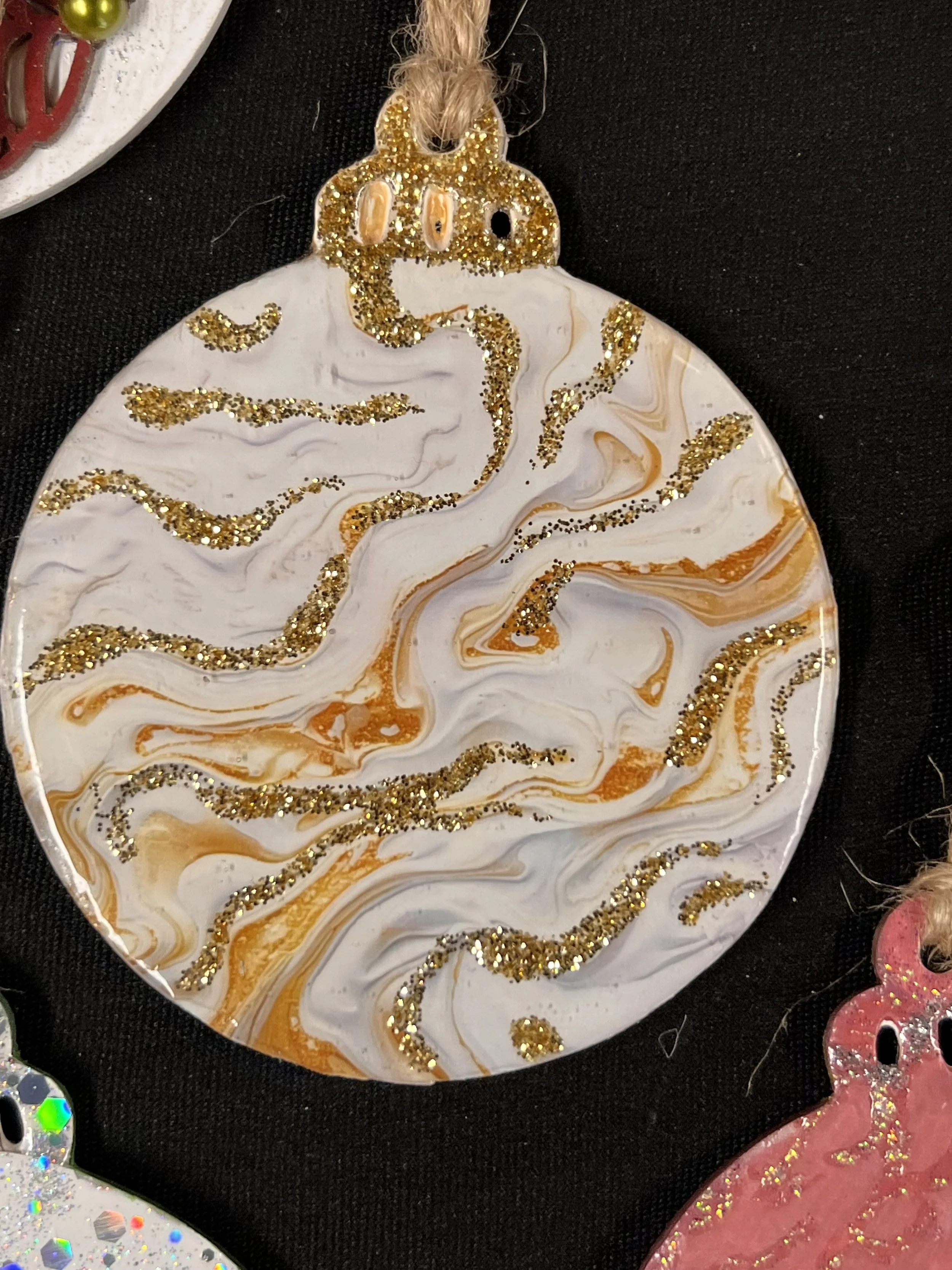 Hand made Christmas baubles, wood based double sided with resin